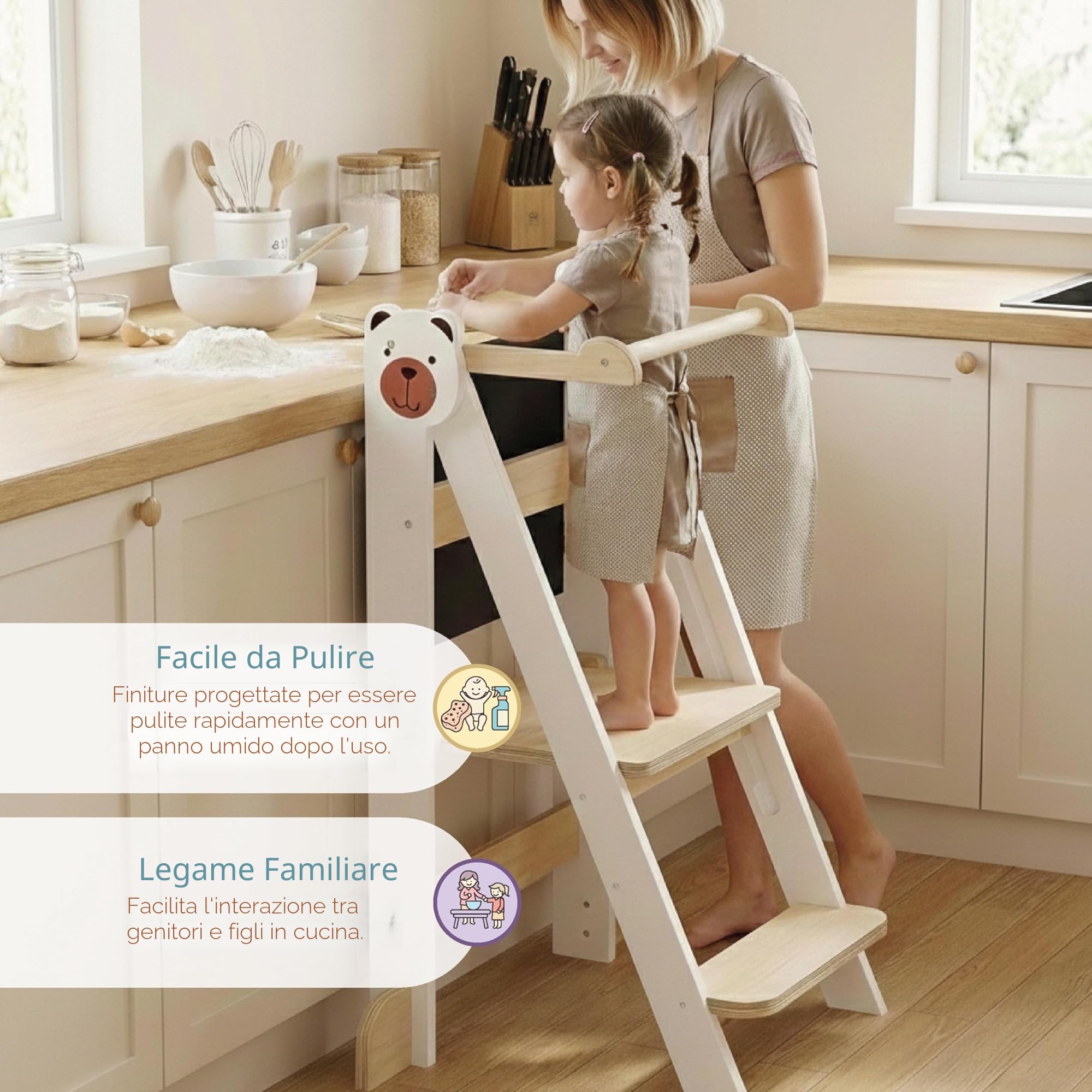 Buddy Baby • Torre di apprendimento pieghevole e Torre di aiuta in cucina • 36 mesi a 5 anni • Base regolabile in altezza • Pieghevole • Ringhiera di protezione • Supporti laterali