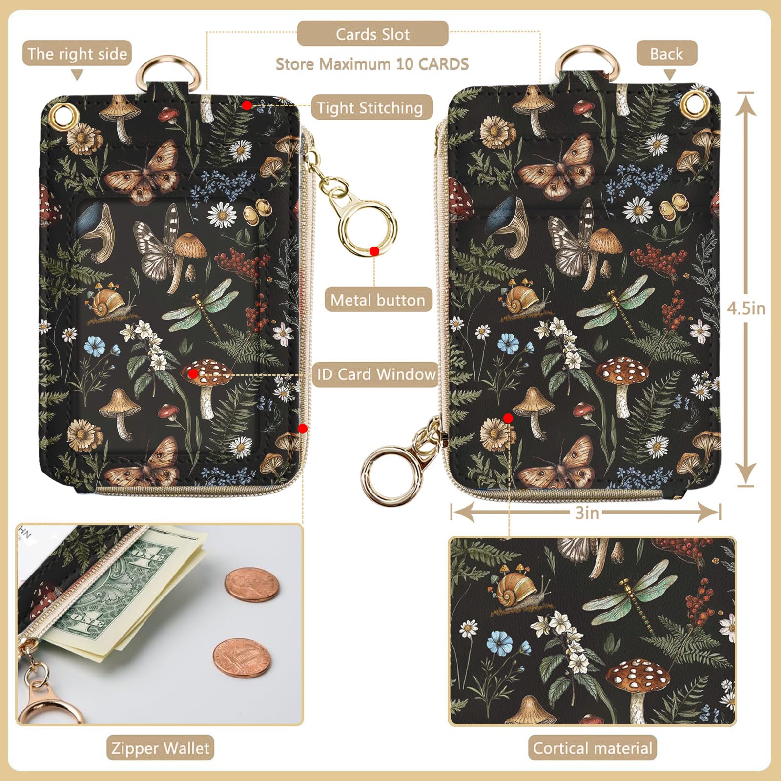 Bolimoss MushroomLanyard for ID Badge Cute Women's ID Badge Holder with Vintage Pu Leather Zip CaseWallet - Image 4