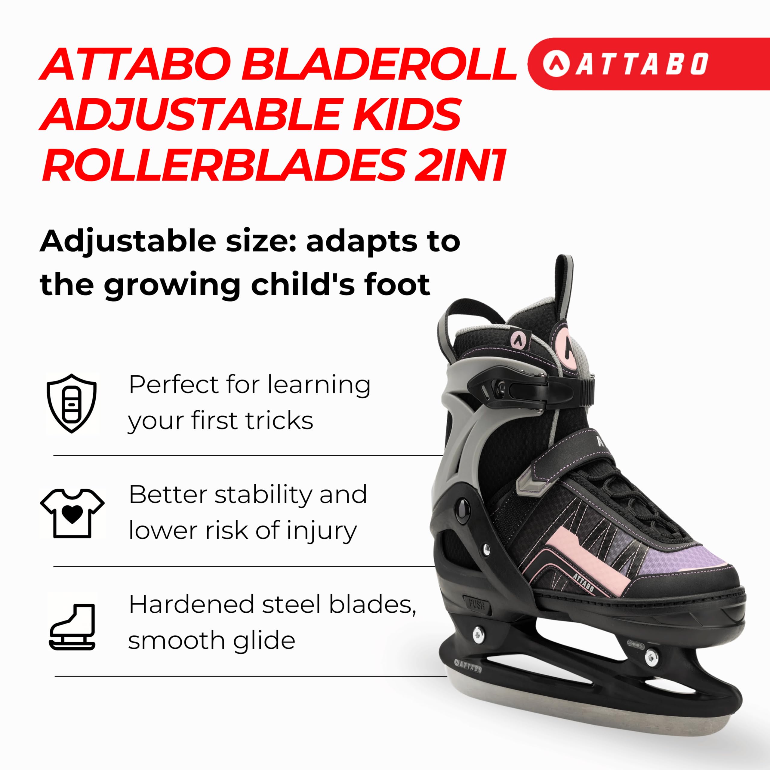 ATTABO Bladeroll 2-in-1 Kinderschlittschuhe & Inline Skates – Verstellbar, mit Wechselkufe, ABEC-7-Lager, Aluminiumrahmen & TPR-Bremse, Komfort & Sicherheit für Kinder