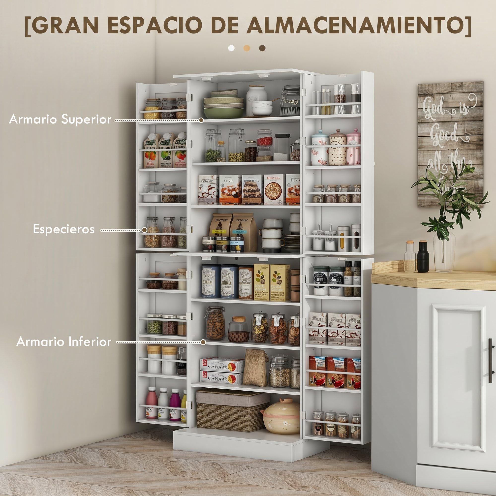 HOMCOM Alacena de Cocina Alta, Armario Despensa Cocina Moderno con 4 Puertas con Estantes, Estantes Ajustables, Alacena para Sala de Estar, Comedor, Blanco