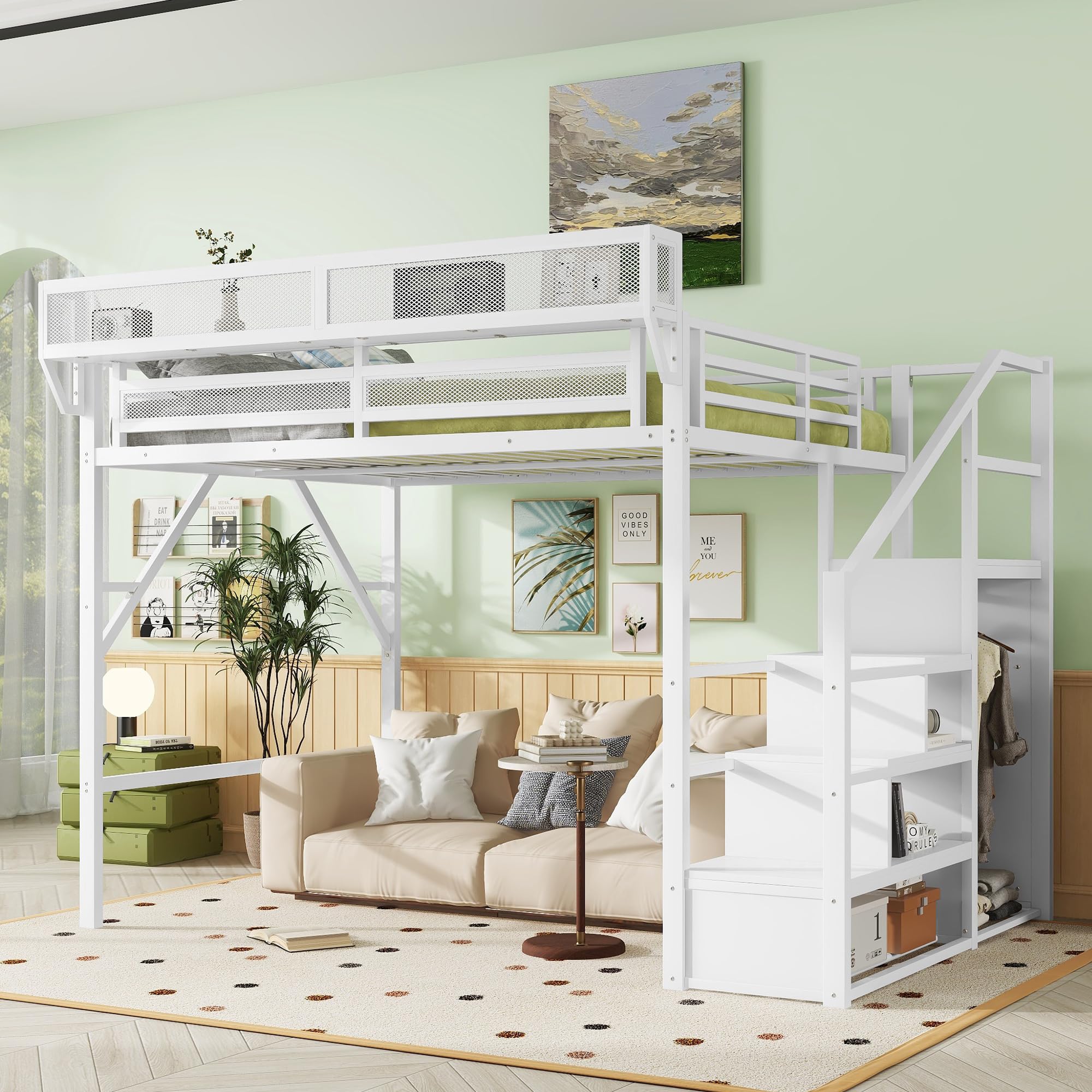 Queen Size Loft Bed with Stairs and Storage, Metal Loft Bed Frame with Bedside Shelf and Large Under-Bed Space, Heavy-Duty Beds for Adults Teens and Kids, White