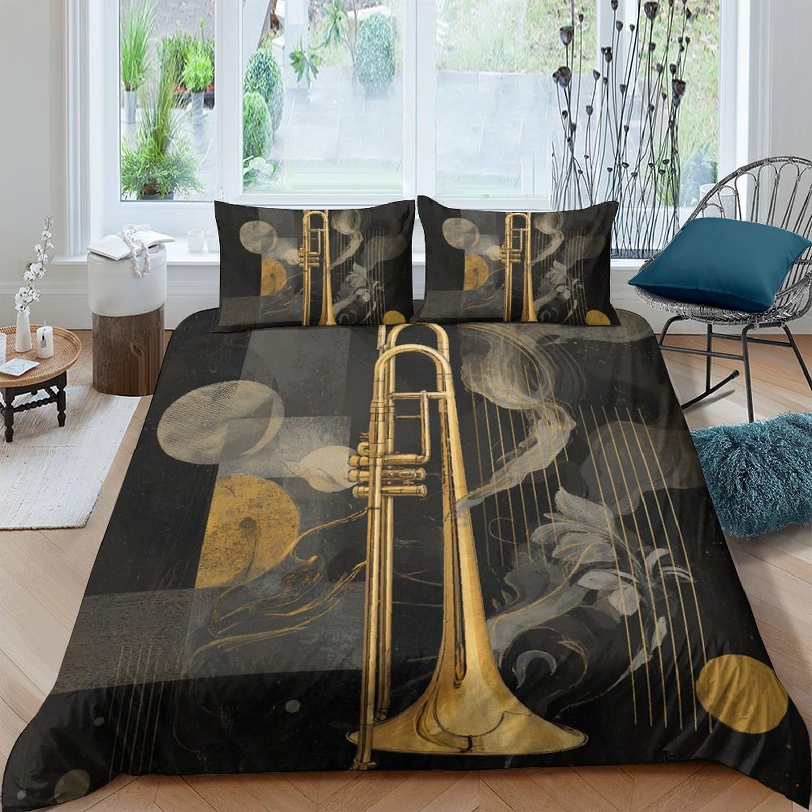 Ctjqhvkz Style-8 3D Printed Golden Trombone Fitted Sheet Microfiber Soft Music Theme Bed Cover For Bedroom Guest Room Decor Protection Single（135X200cm）