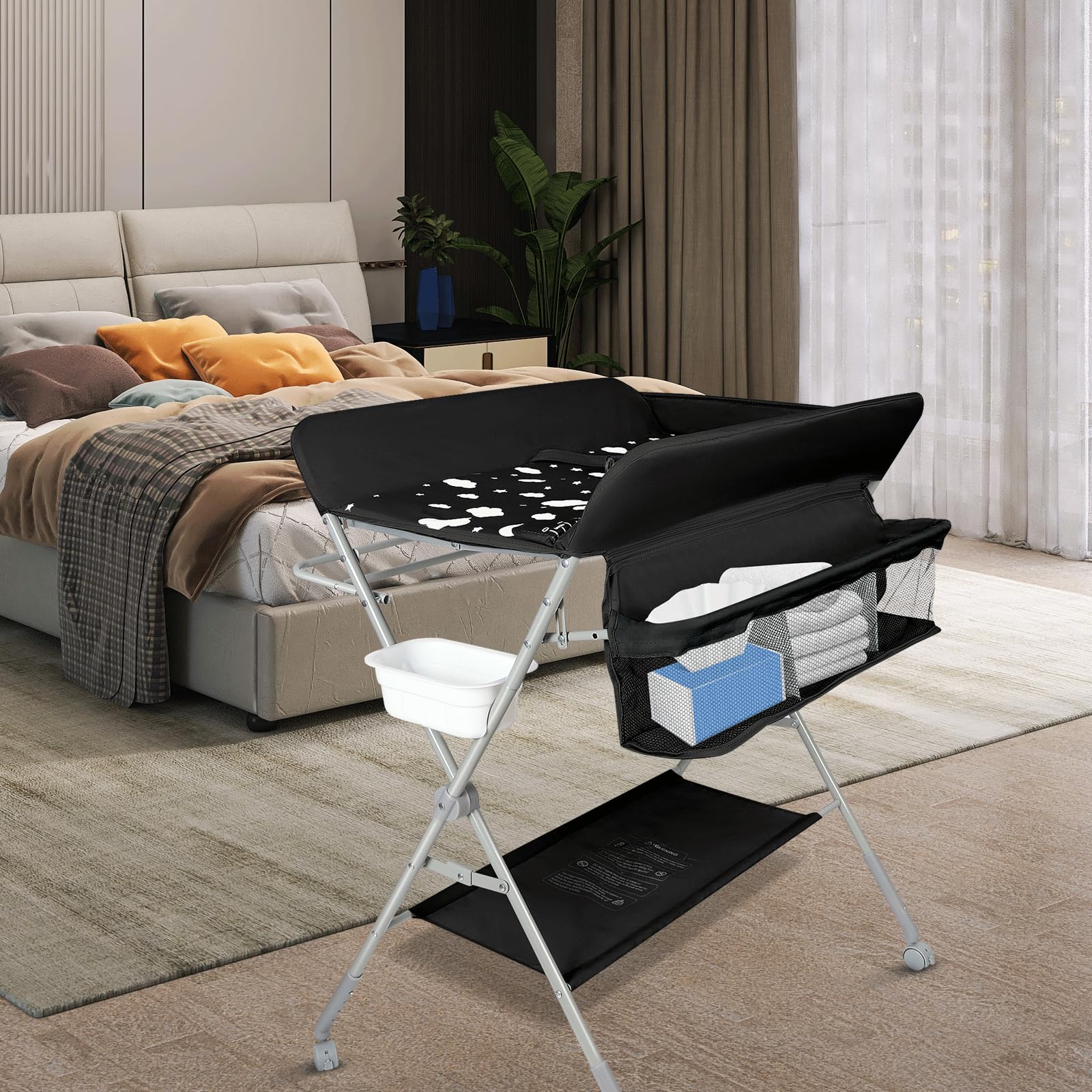 WODFARR Fasciatoio, stazione di cambio portatile, pieghevole, pratico per la cura del bambino, motivo nuvola, 4 altezze regolabili, 95/97/99/101 cm (nero)