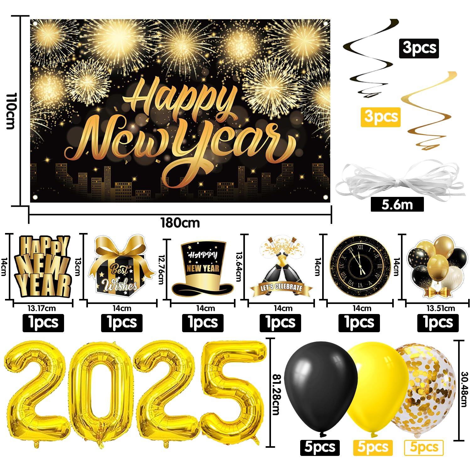 Set Decorativo Per Capodanno 2025 XXL - 12 Palloncini: Numeri 32'', Lattice, Coriandoli, Oro E Bianco Latte - 4