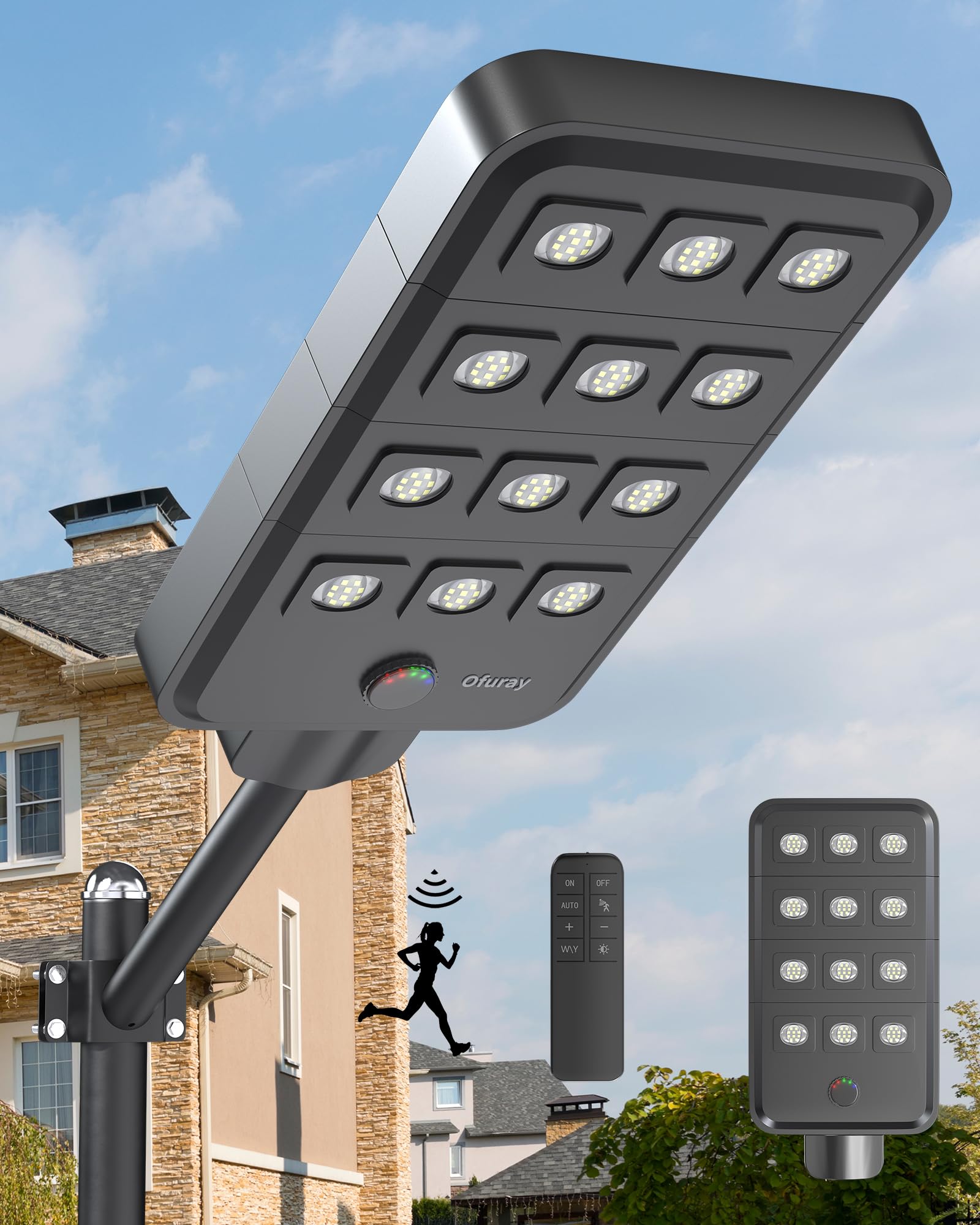 Ofuray Of-12600W Lampione Solare Led Esterno con Sensore di Movimento e Crepuscolare, 6500K Super Faro Led Esterno, Impermeabile IP67 Commerciali Lampada Stradale Solari per Giardino, Cortile