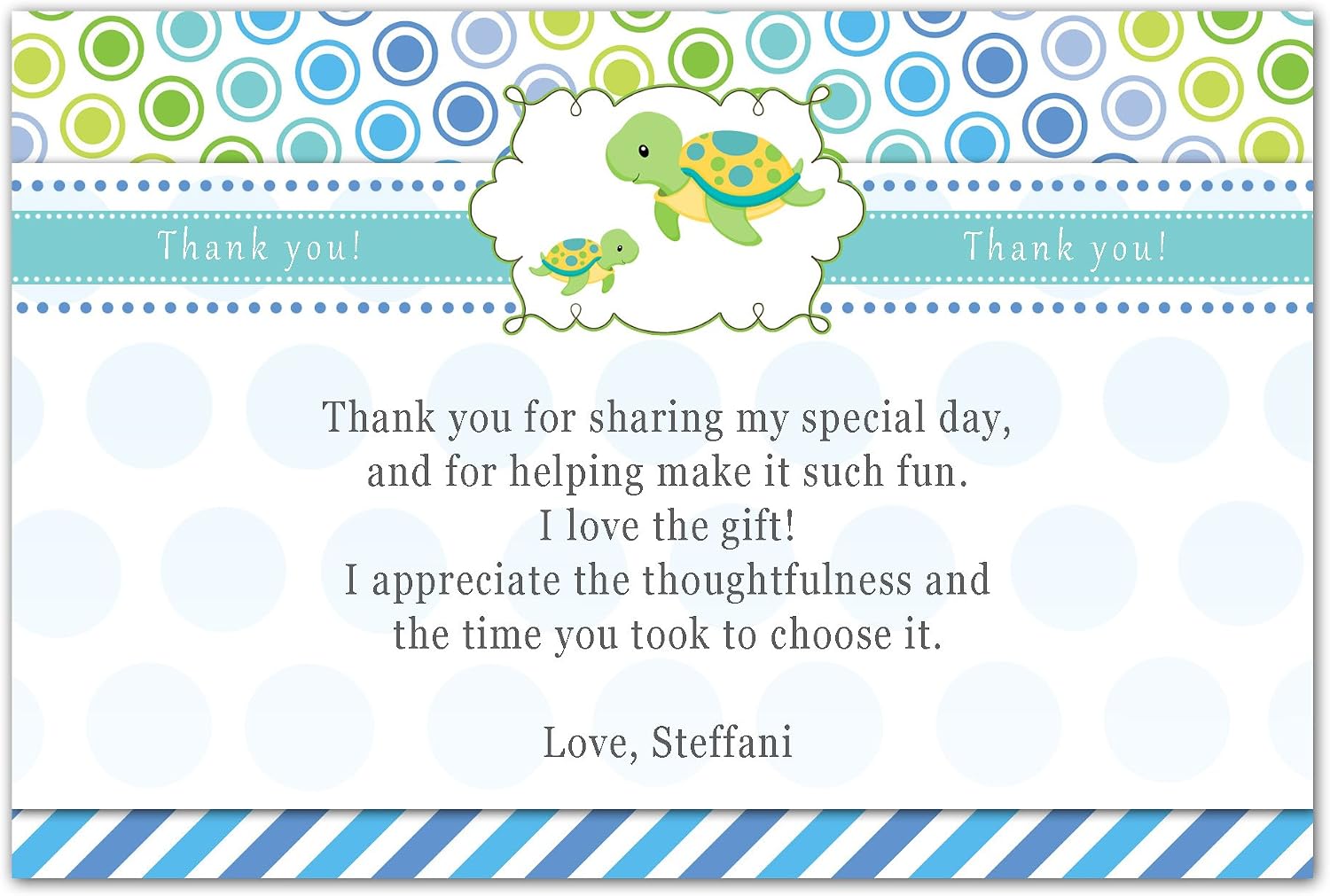 30 Personalized Thank You Cards Blue Green Polka Dots Stripes Turtle Design Baby Shower Party Event + 30 White Envelopes