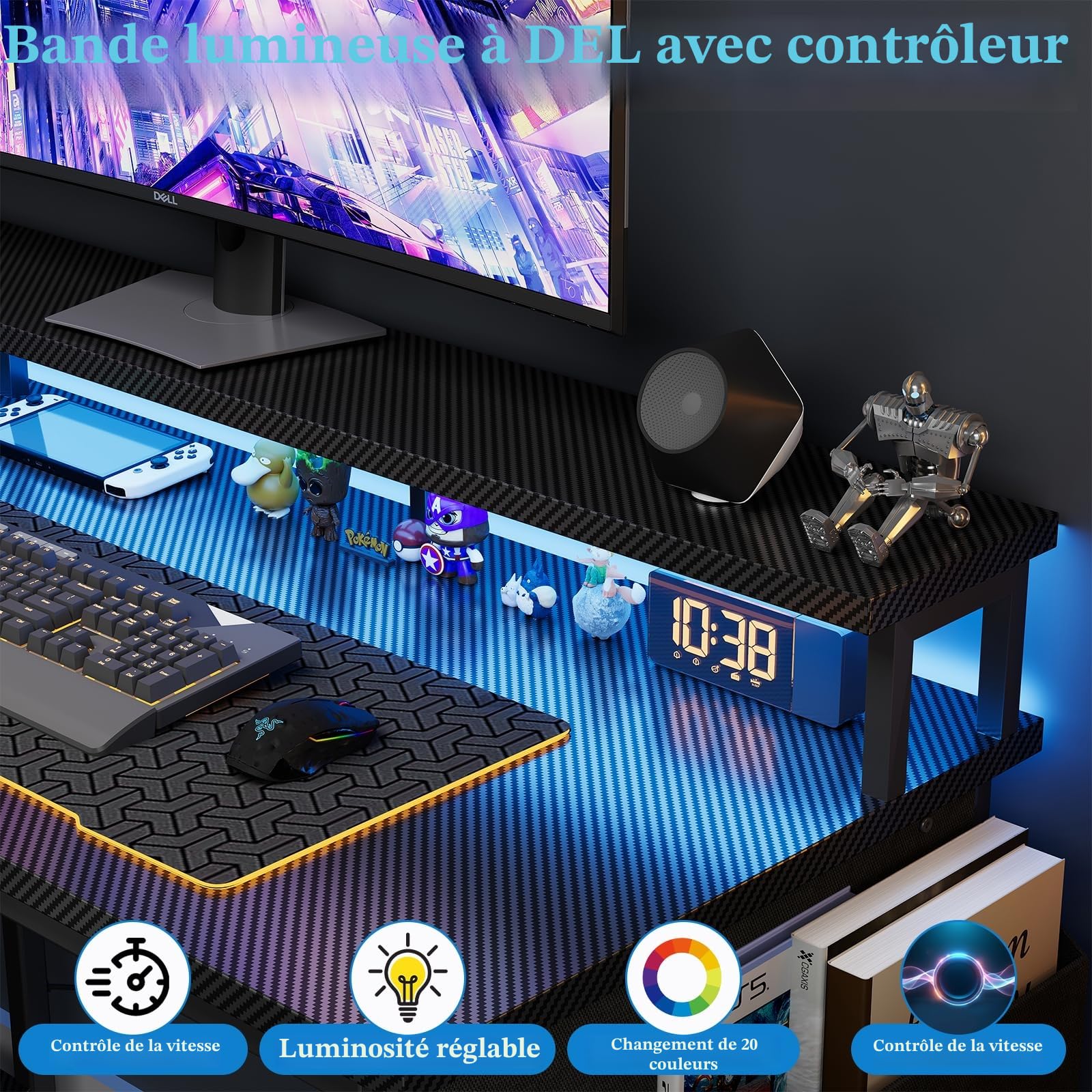 Grandder Bureau Gaming Réversible, 100x70cm Bureau d'angle en L avec Port de Charge USB et Prise de Courant, Table Ordinateur avec Support d'écran pour Chambre Domicile Maison Noir