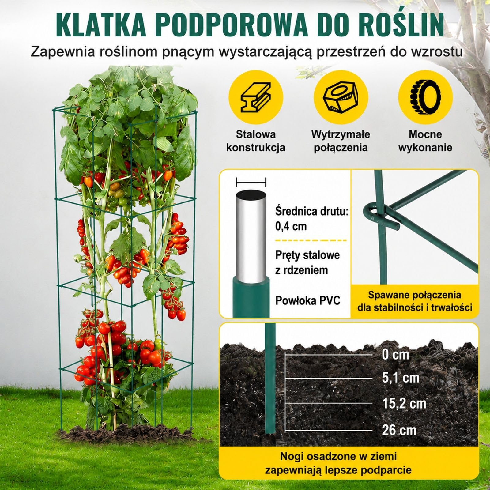 6 sztuk stalowych klatek do pomidorów, kwadratowe zielone podpory do roślin ogrodowych