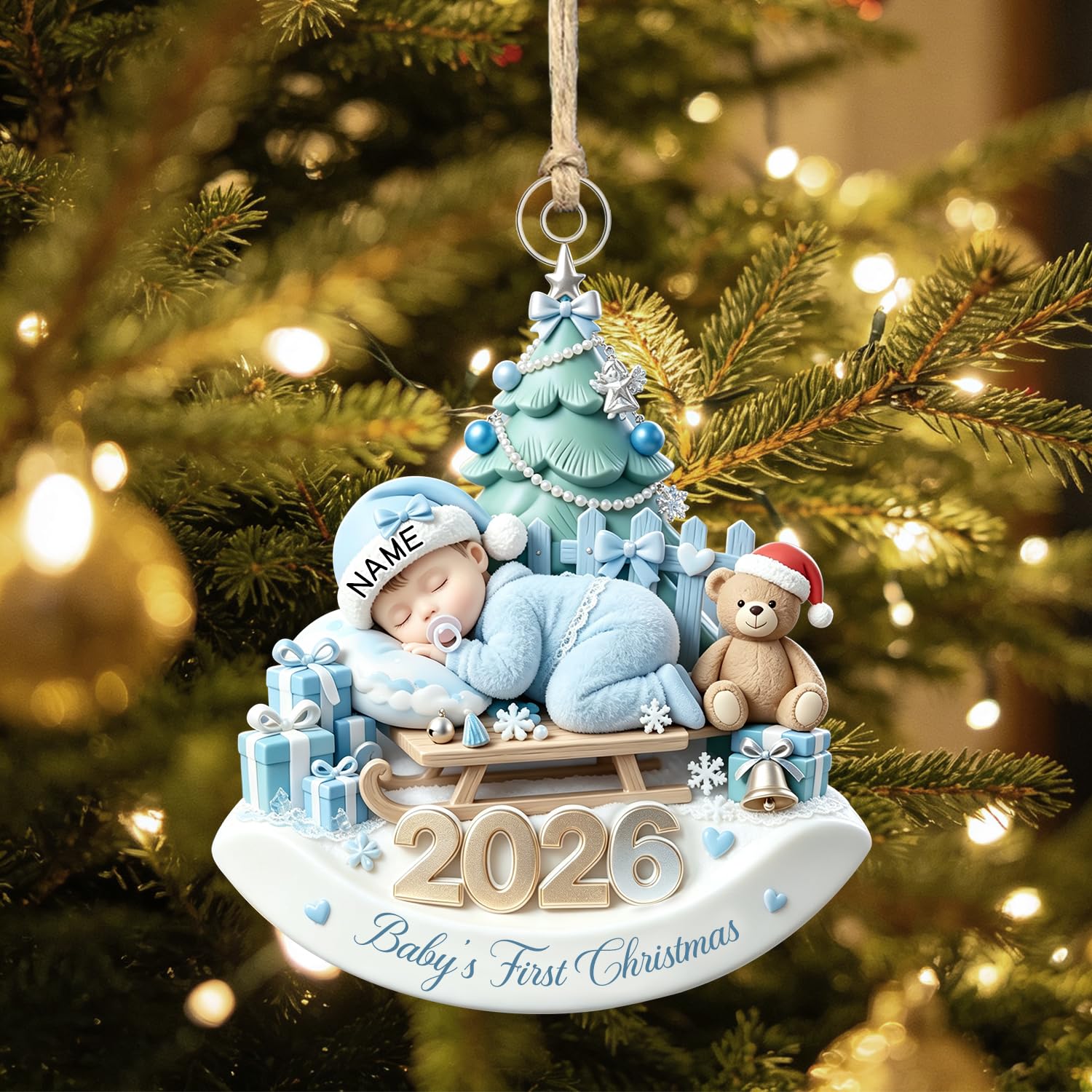Personalized Babys First Christmas Ornament, Custom Name & Year Baby Boy Girl Ornaments for Christmas Tree Decoration, 2D Flat Baby Acrylic Ornament Newborn Keepsake Gifts for New Parents Family,13