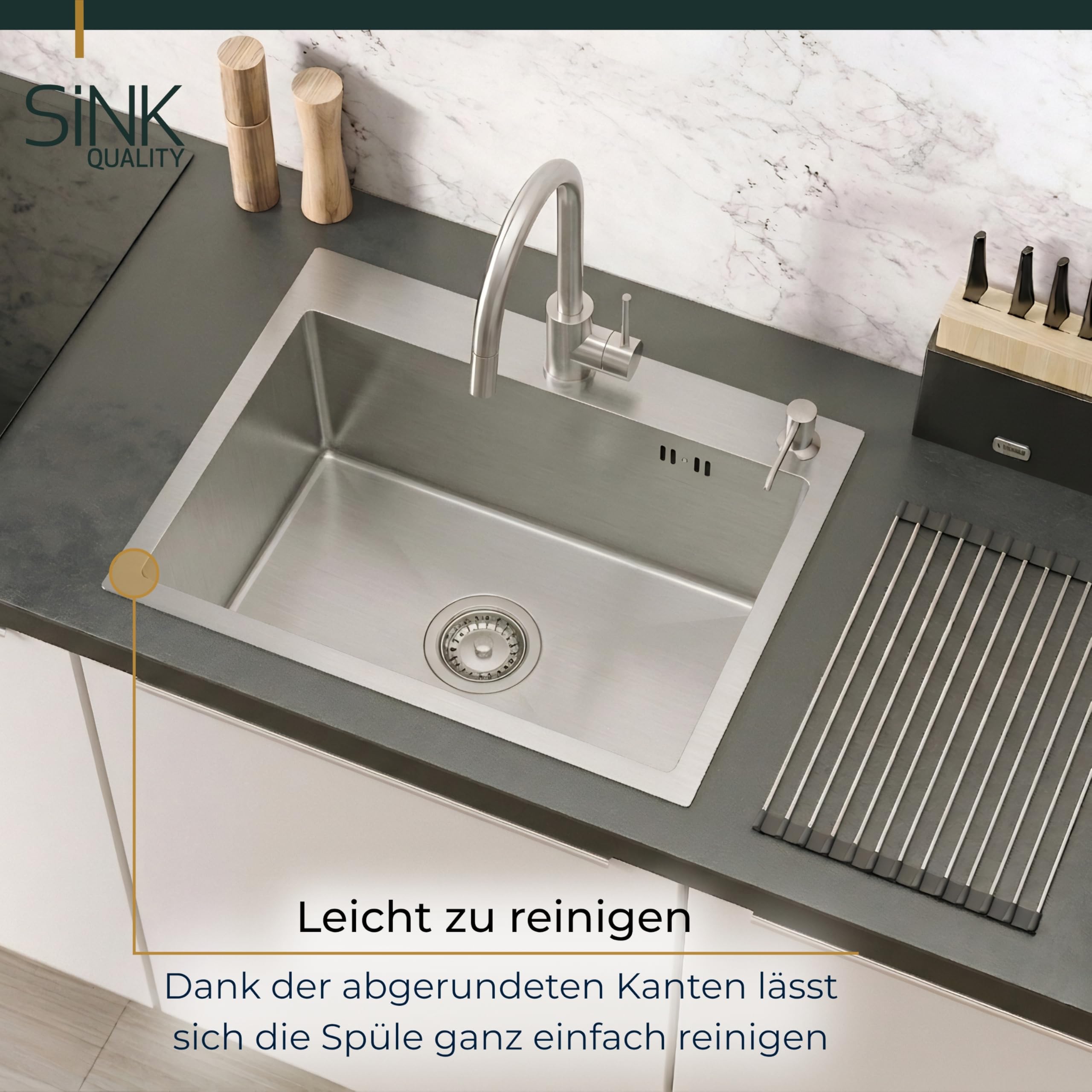 Sink Quality zlewozmywak ze stali nierdzewnej 58 x 45 cm – odporna na zarysowania powłoka PVD i oszczędzający miejsce syfon, zlewozmywak ze stali nierdzewnej 304 do szafki pod umywalkę 60 cm, łatwy w