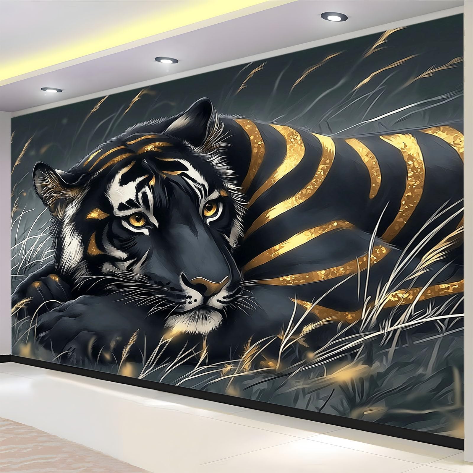 Tapeta fantazyjne zwierzę czarny tygrys złote paski 300 x 210 cm zdjęcie plakat mural tapeta, zrób to sam sztuka ścienna mural tapety, do salonu sypialni przedszkola tło telewizora wystrój domu