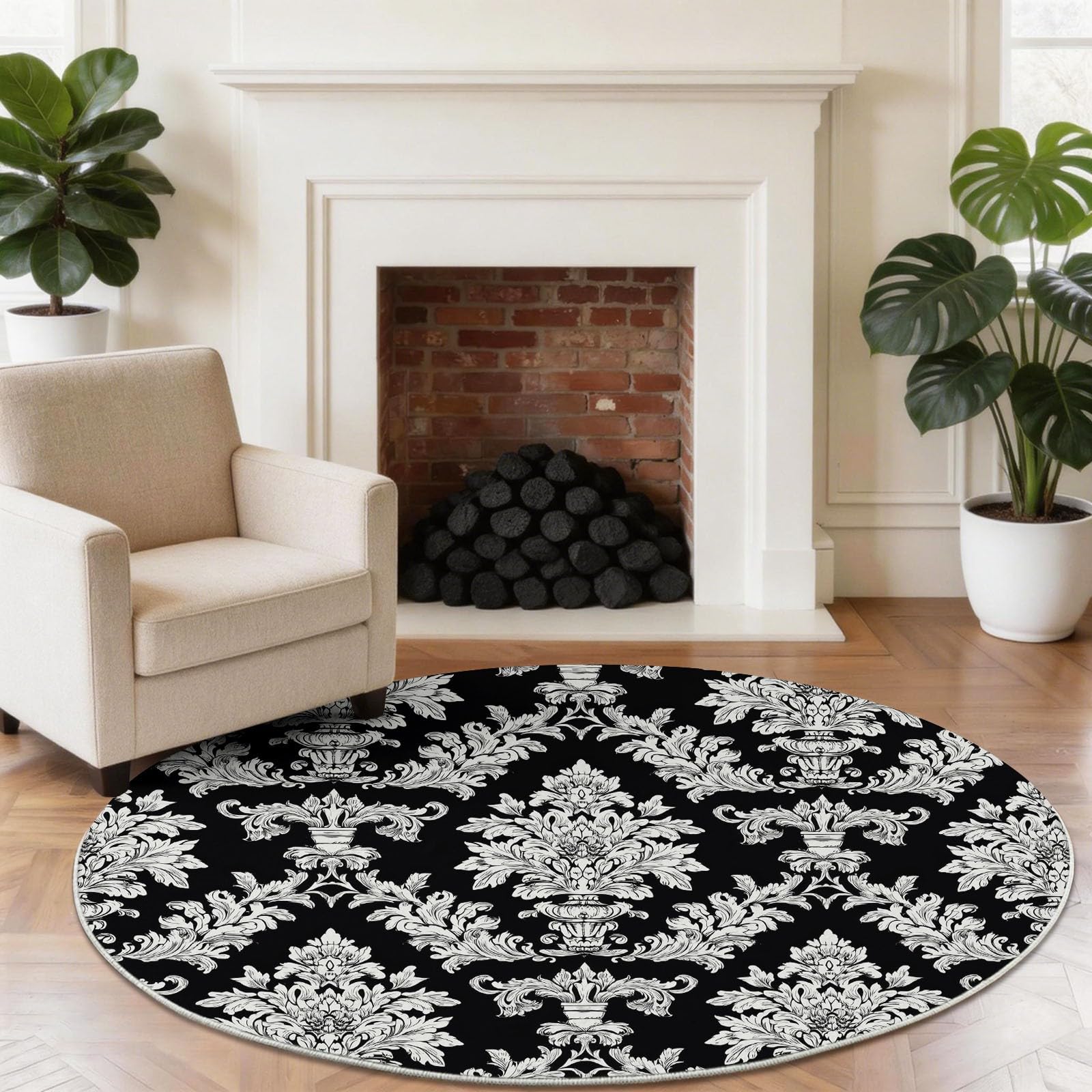 Générique 160 cm Rond Tapis Rond pour Salon, Chambre à Coucher et Cheminée Motif Motif Baroque Jacquard Damassé Vintage Lavable en Machine et Antidérapant Noir