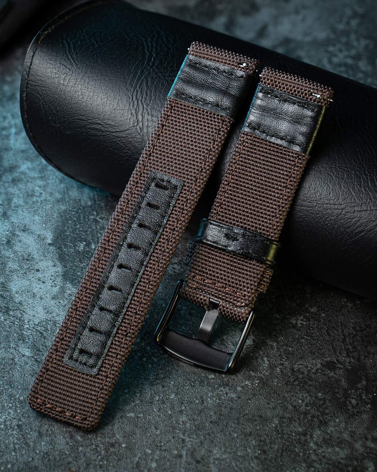 Uhrenarmbänder aus klassischem Canvas-Gewebe mit Hybrid-Armbändern aus echtem Leder. Ersatzarmband, Schwarze Schnalle, 18/20/22 mm