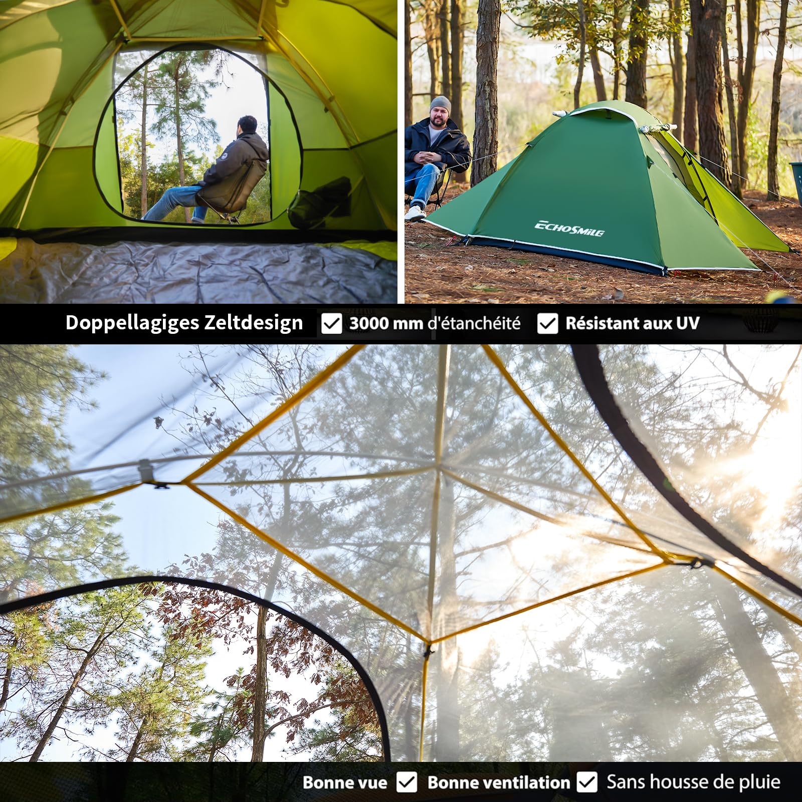 EchoSmile Zelt 2 Personen Wasserdichtes Kuppelzelt, Ultraleicht & Stabil Camping Tent, 3-4 Saison, Double-Layer Zelte mit Mesh-Türen, Tent für Trekking, Festival, Outdoor, Grün