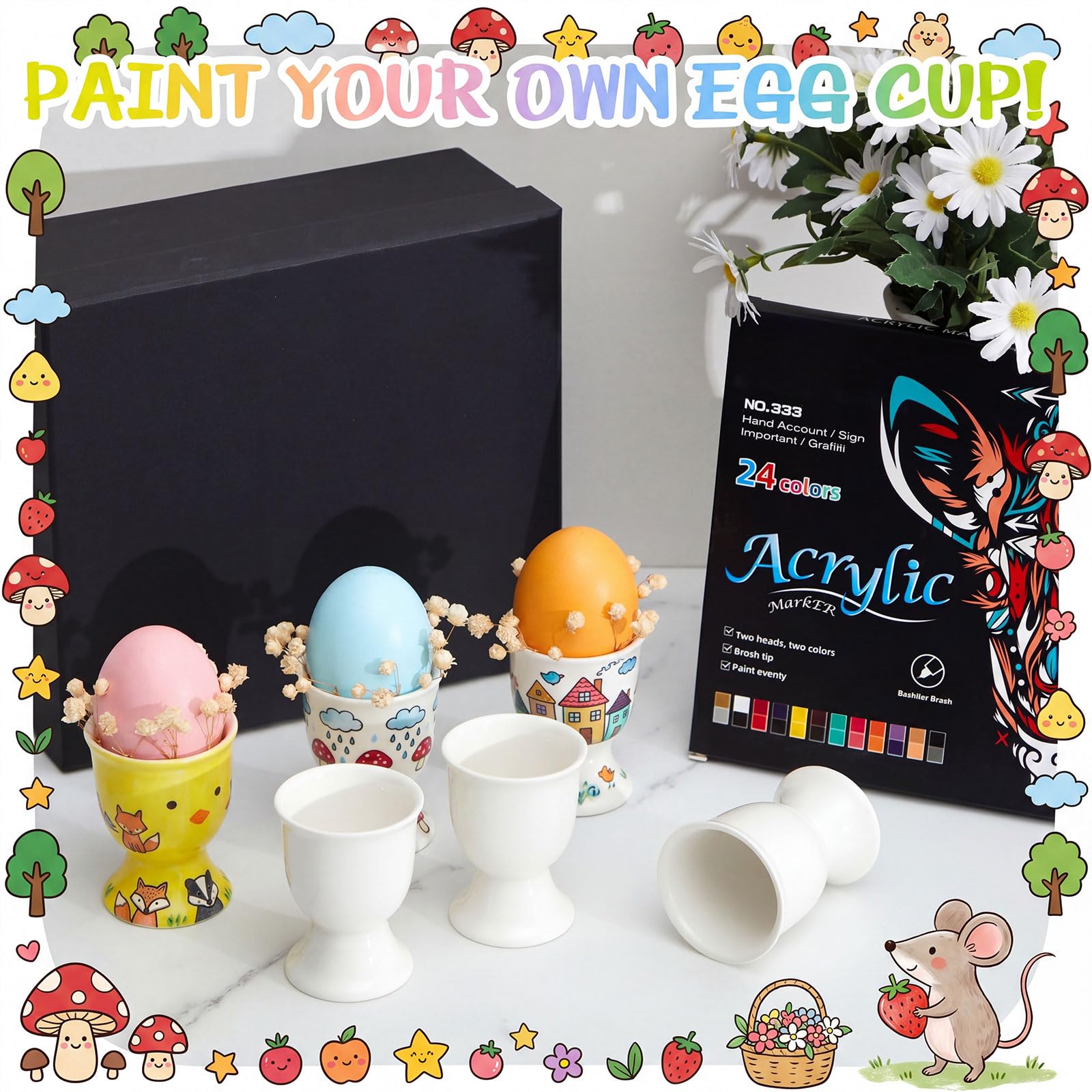 Sinmoe 6 Coquetier Oeuf en Ceramique Peindre Votre Propr Coquetier avec 12 Pièces 24 Couleurs Stylo en Porcelaine et Boîte de Cadeau Support pour Œuf à la Coque pour DIY Cadeau Pâques Anniversaire