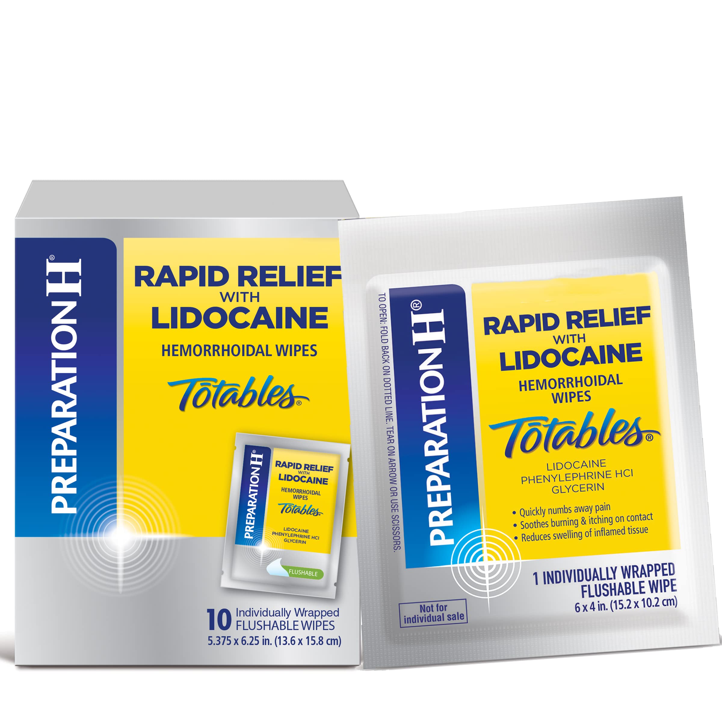 Preparation H Rapid Relief with Lidocaine Hemorrhoid Symptom Treatment Flushable Wipes, Numbing Relief for Pain, Burning and Itching, Reduces Swelling, 10 Count Box