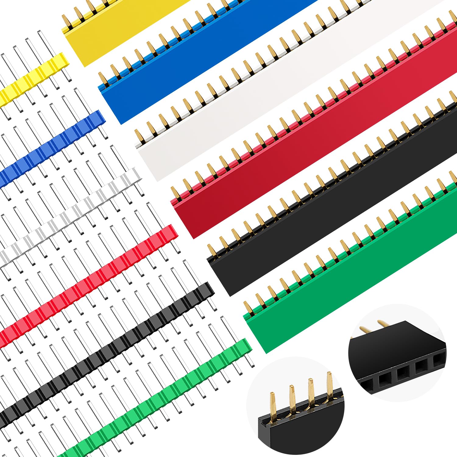 VooGenzek 348 Szt. Zestaw Kolorowych Nagłówków Pinów, Męskie i Żeńskie Złącze Pinowe 2.54mm, 2.54mm Mini Zworka na Płytce Drukowanej, Proste Jednorzędowe Męskie i Żeńskie Złącze Pinowe