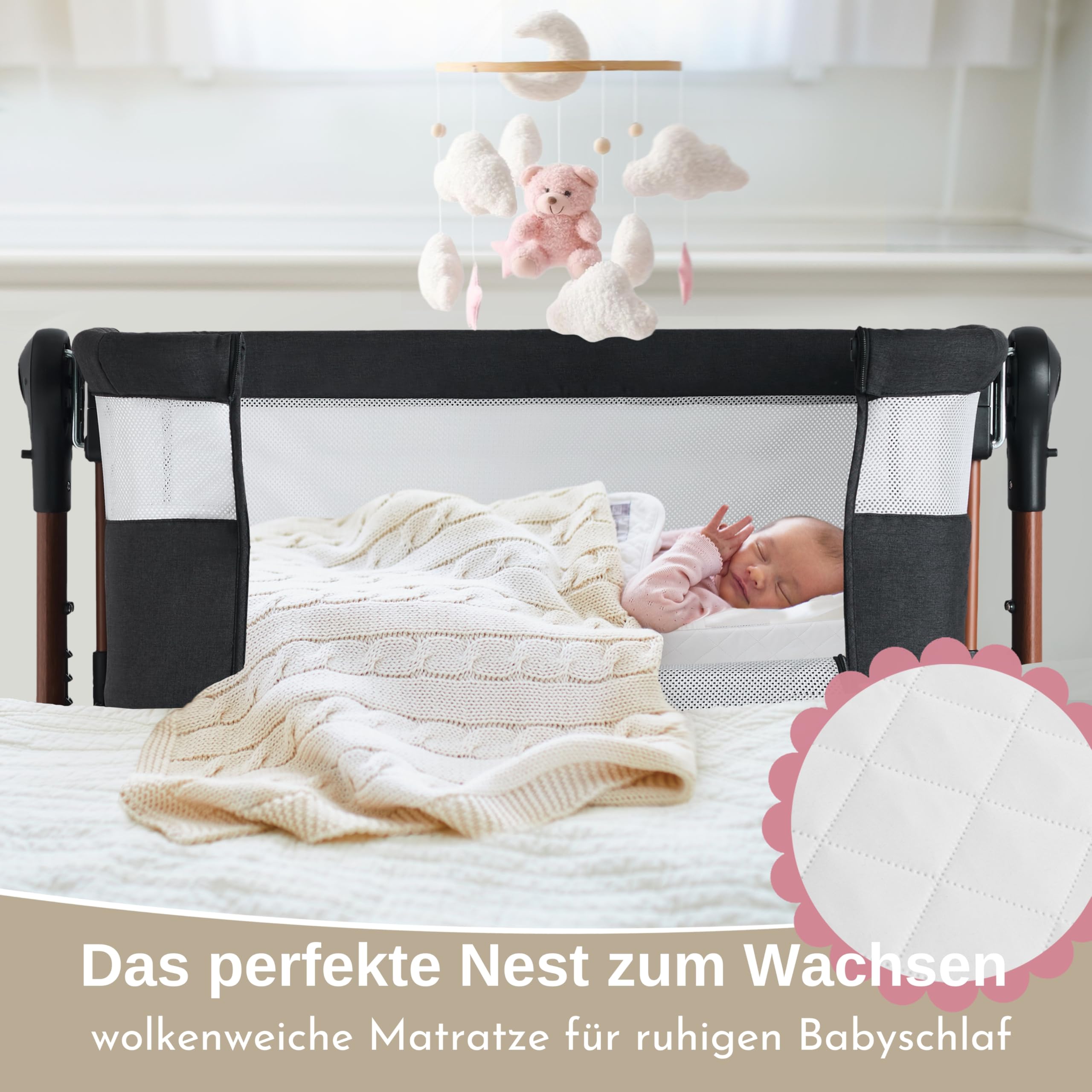 LullaBee Beistellbett & Baby Co-Sleeper – 6 Höhenstufen, Schaukel­funktion, Rollen, gesteppte Matratze, Mesh-Seiten mit Moskitonetz, faltbares Bett mit Tragetasche (0–6 Monate) – Schwarz/Braun