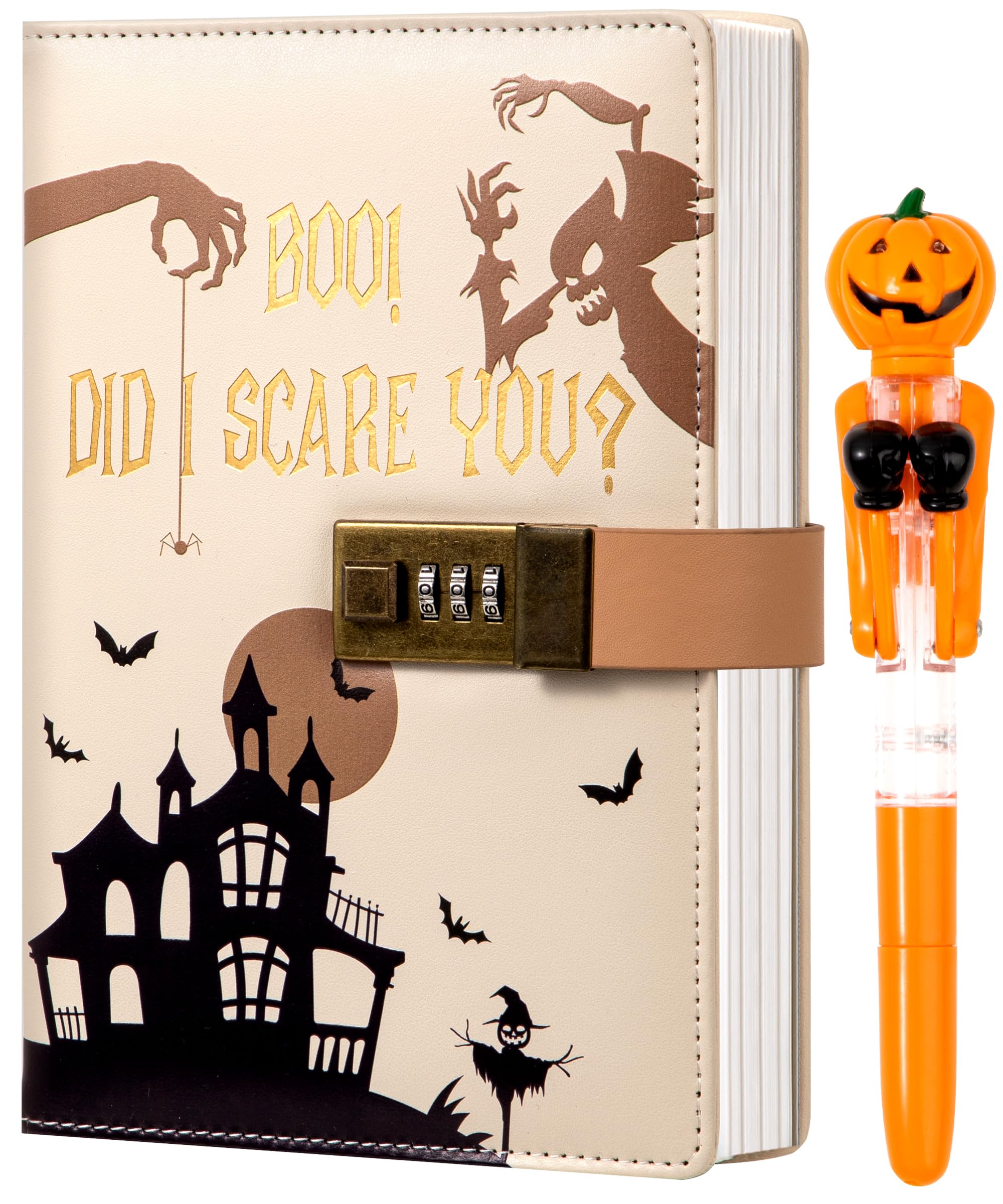 CAGIE Journal with Lock for Women Men, A5 Locked Journal with Pumpkin Pen Set, Halloween Notebook with Combination Lock 192 Pages Diary with Lock,