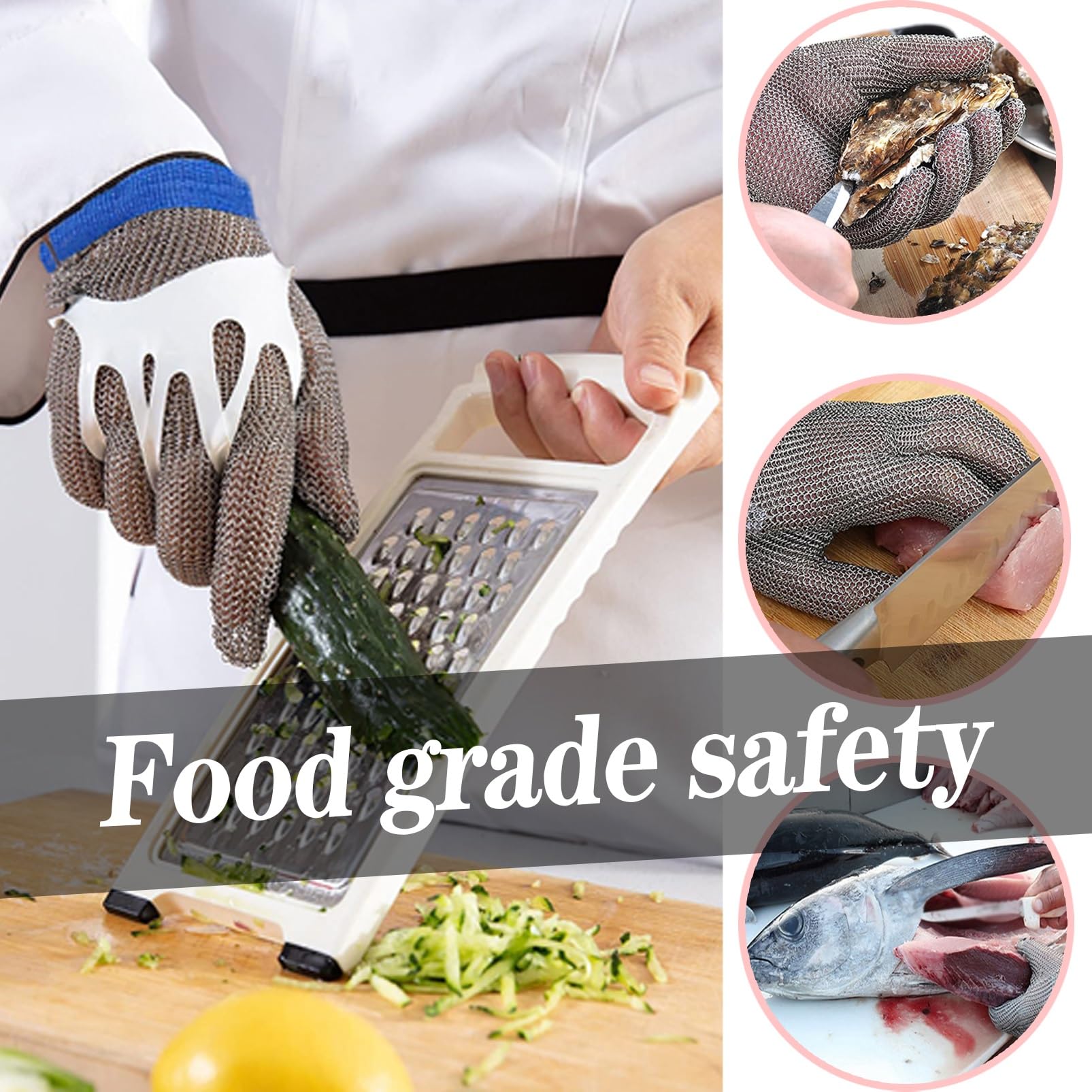 Cut Proof Gloves Rękawice odporne na przecięcia do supermarketu kuchennego, rękawice odporne na przecięcia z kolczugą do krojenia żywności z regulowanym nylonowym paskiem na nadgarstek(/M)