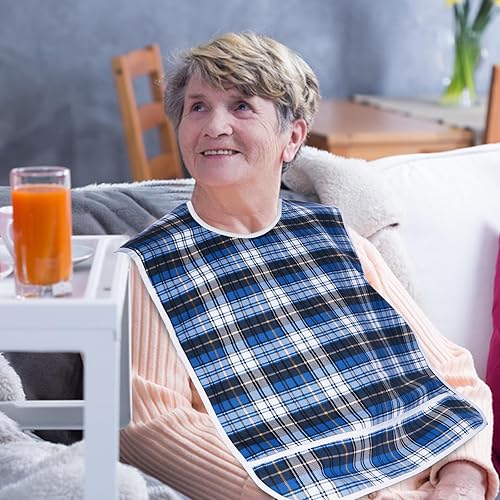 Miniatura 14 de Baberos para adultos, protector de ropa impermeable con atrapador de migas, baberos de comedor reutilizables para ancianos, hombres y mujeres Azul,