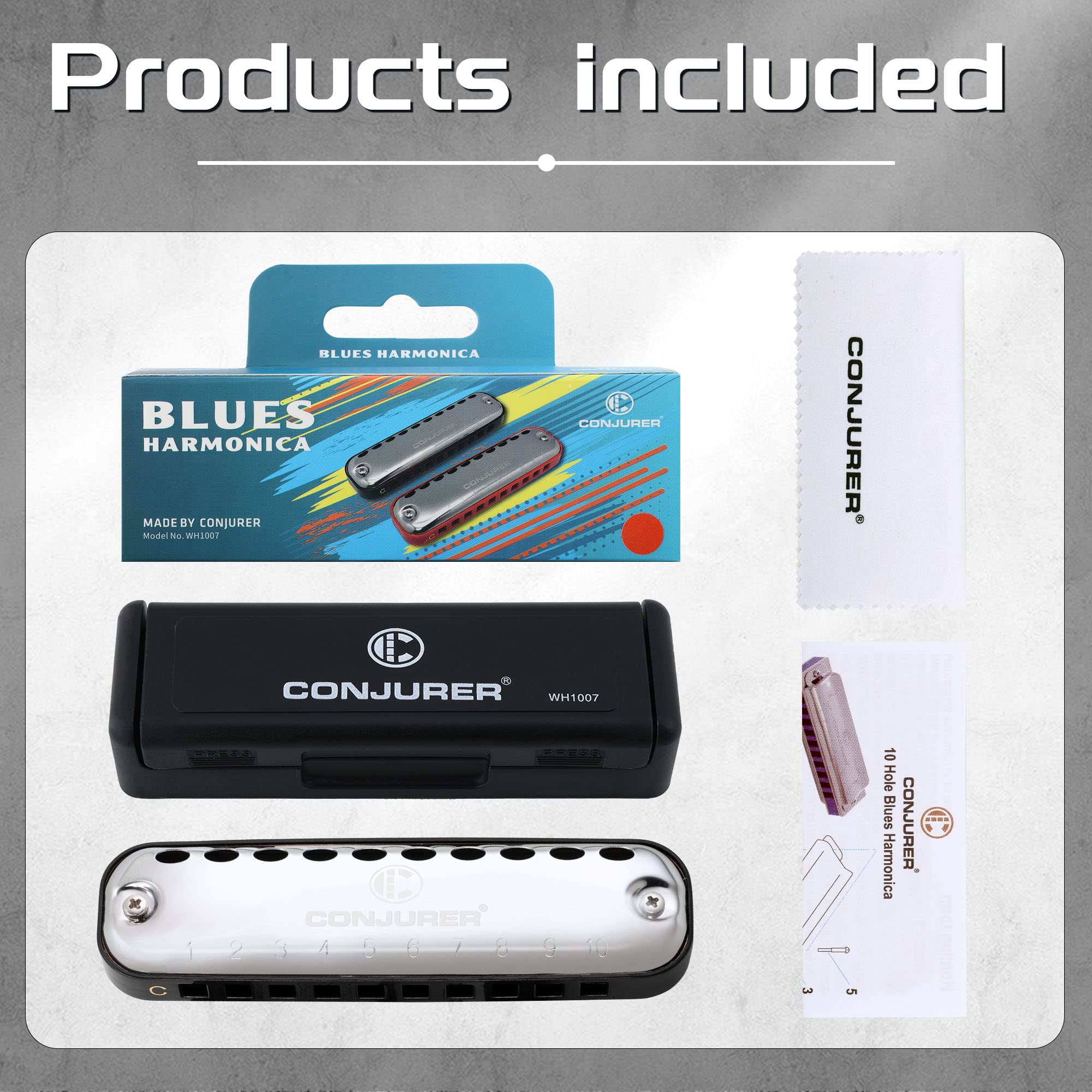 Armonica Blues CONJURER 10 Fori In Do | Copertura Acciaio Inox, Ance Bronzo | Per Principianti E Professionisti