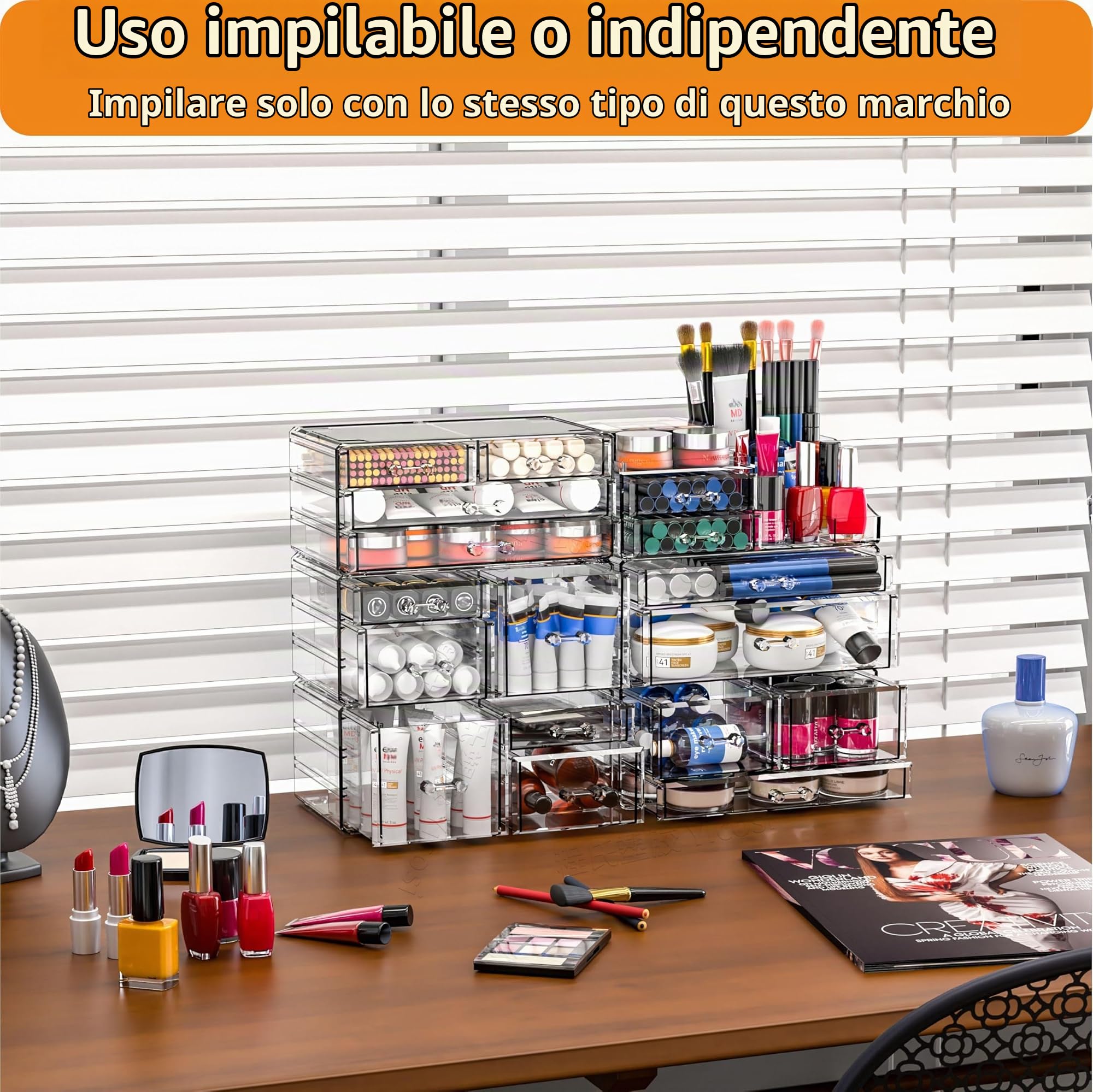 Organizer per trucchi impilabile trasparente per cosmetici, scatola impilabile con 8 cassetti, organizer per trucchi a 3 strati per toeletta, bagno, dormitorio universitario, armadio, scrivania
