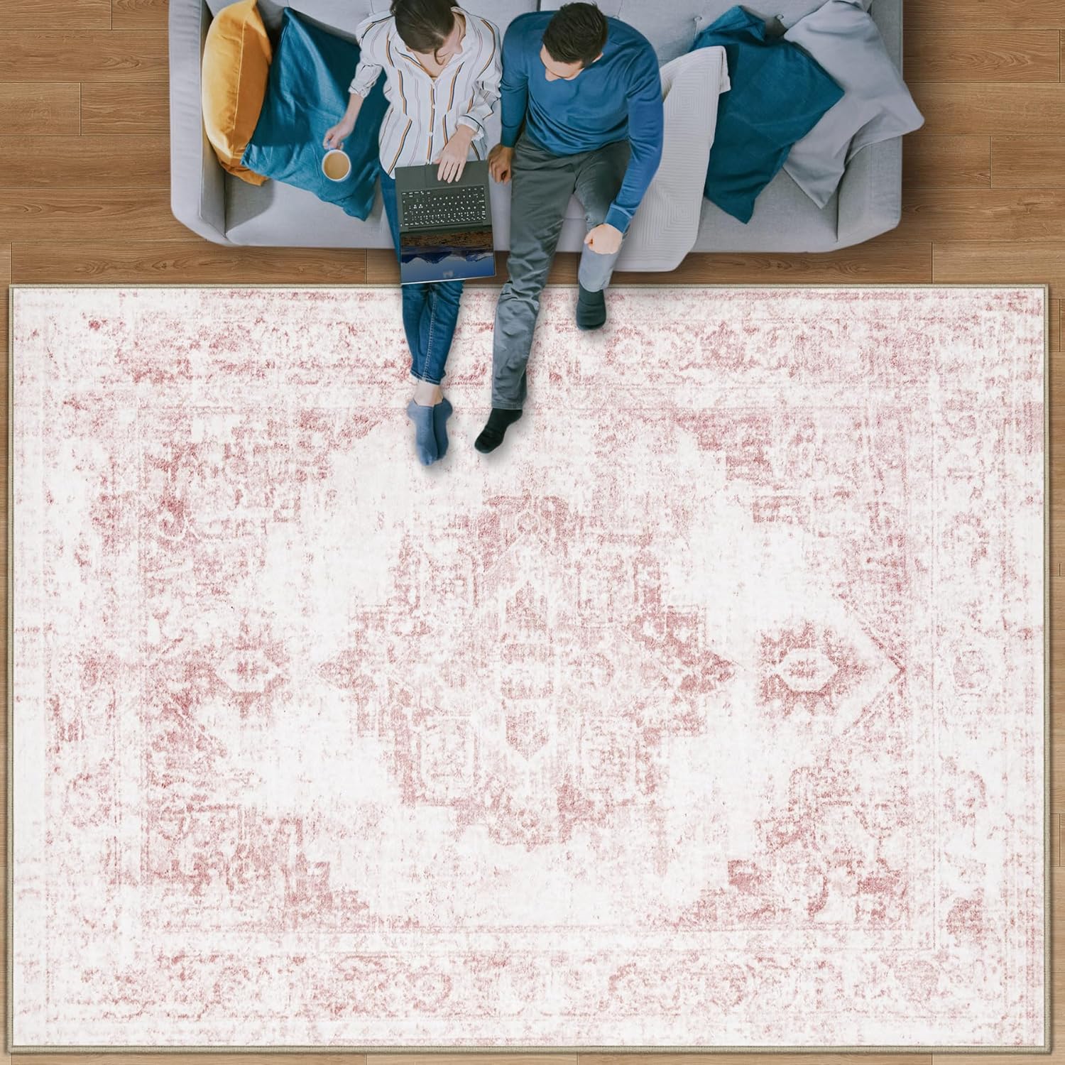 Area Rug 9x12 Vintage Rug: Large Washable Indoor Medallion Rug Low Pile Distressed Floor Carpet Retro Accent Rug for Living Room Bedroom Kitchen Dining Table Home Office(Pink, 9'x12')