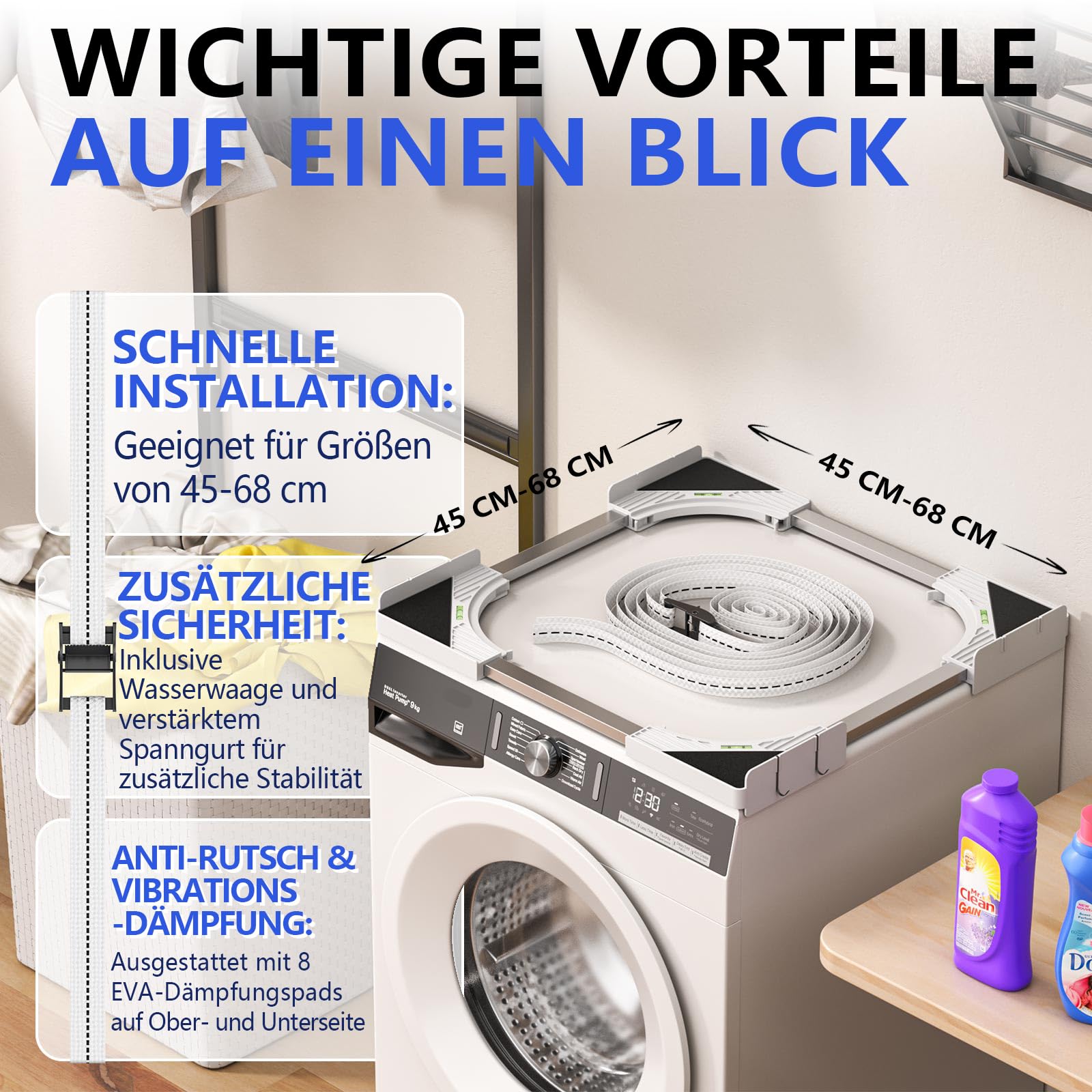 Slimline Waschtrockner-Stapelset, universeller ultradünner Rahmen für 45–68 cm Geräte, platzsparendes Design mit leichtem Aluminium-Ratschenriemen und 4 Multifunktionshaken (weiß)