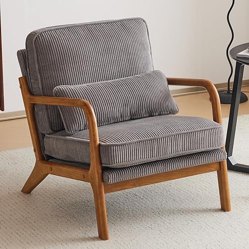 VINGLI Silla decorativa de pana de alta calidad, con reposabrazos tapizada, cómoda silla de lectura de madera maciza con almohada lumbar, sillas
