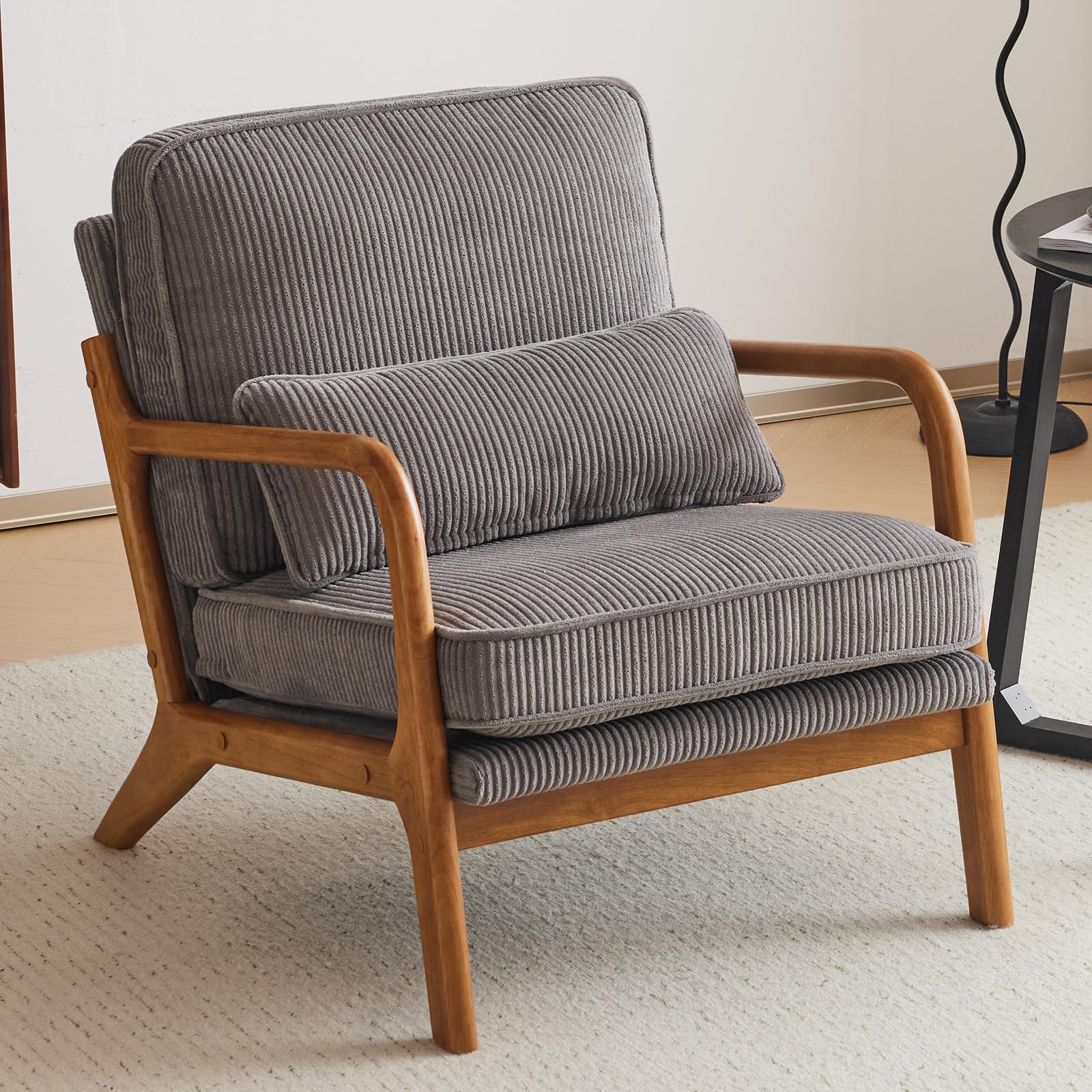 VINGLI Upgraded Premium Corduroy Accent Chair,Upholstered Arm Chair,Solid Wood Comfy Reading Chair with Lumbar Pillow, Mid Century Modern Chairs for