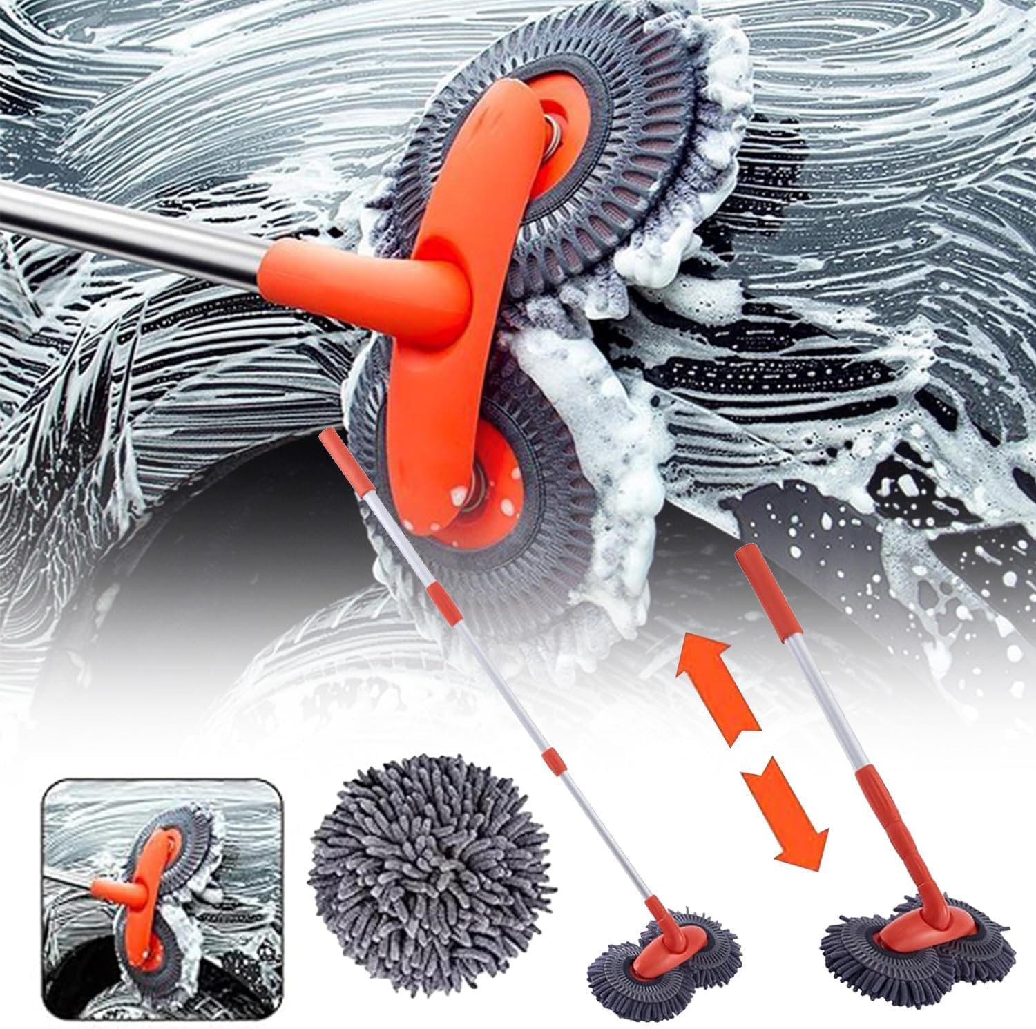 Auto Waschbürste Mop, Doppelkopf Teleskop Reinigungswerkzeug mit Mikrofaser, Langer Griff Rotierender Mop für Autos und Glas, 2 Packungen