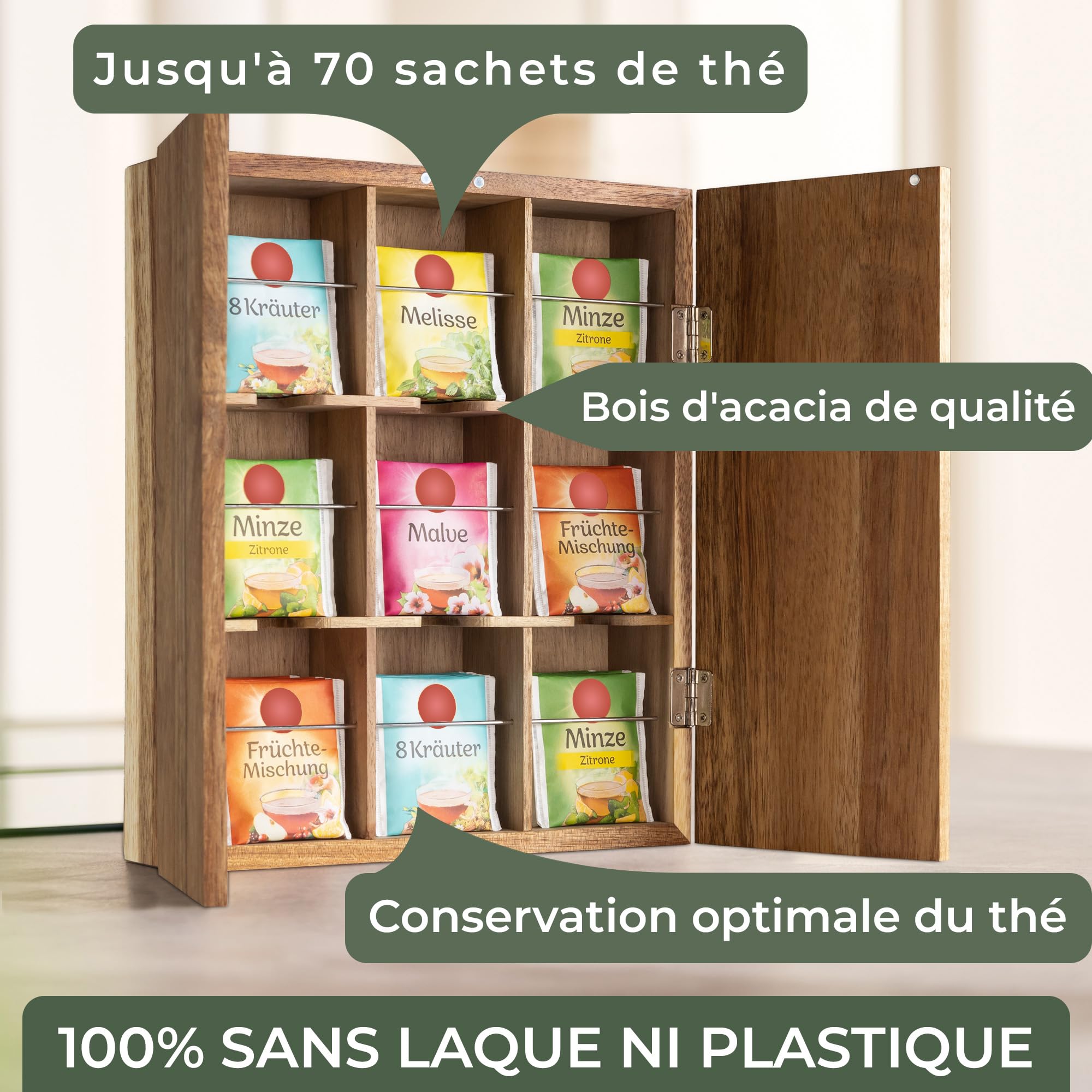 Boîte à Thé 9 Compartiments En Chêne Massif – Sans Plastique, Rangement Mural Ou Comptoir, Avec Accessoires De Fixation