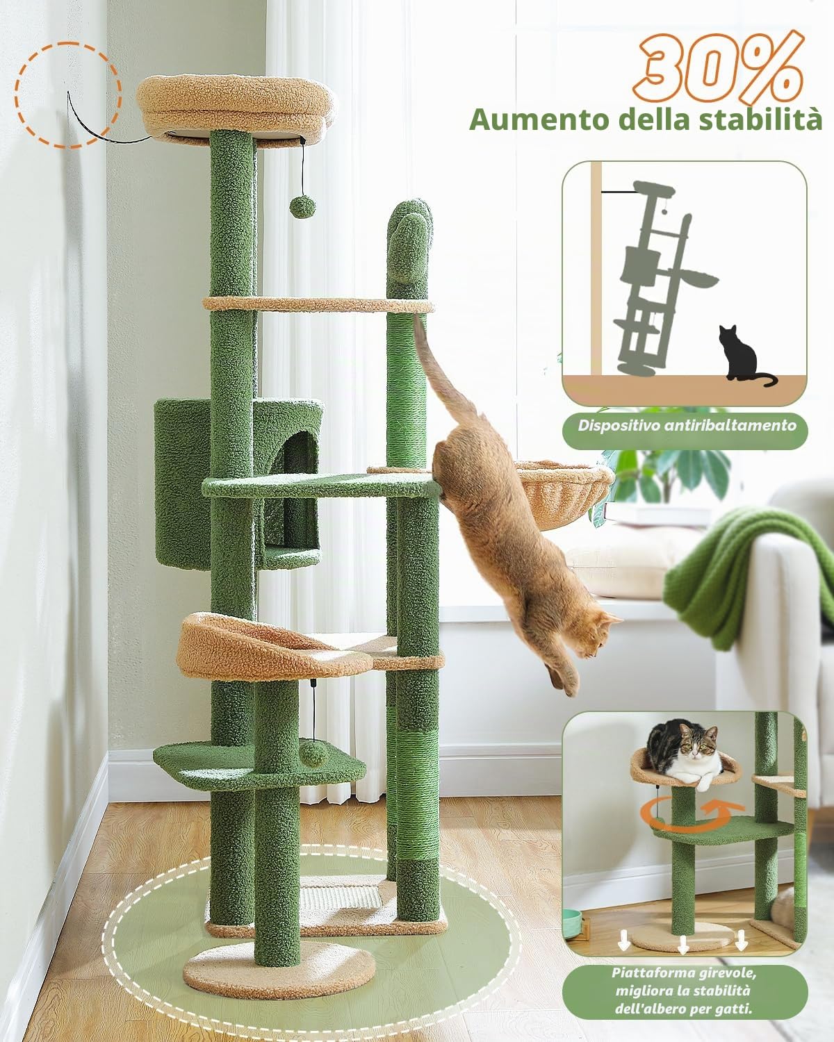 PETEPELA Albero alto per gatti grandi, torre multilivello con amaca, tiragraffi e 2 posatoi