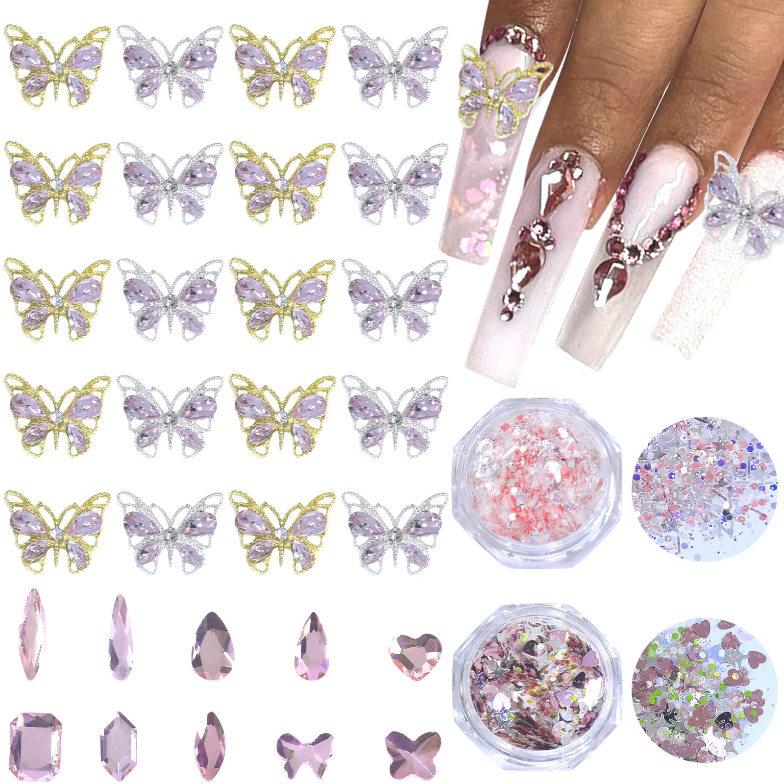 HNUIX Butterfly Nail Charms - 3D Multi Shape, Flat Back, Pink Rhinestones, Gold and Silver Metal Base, for Nail Art