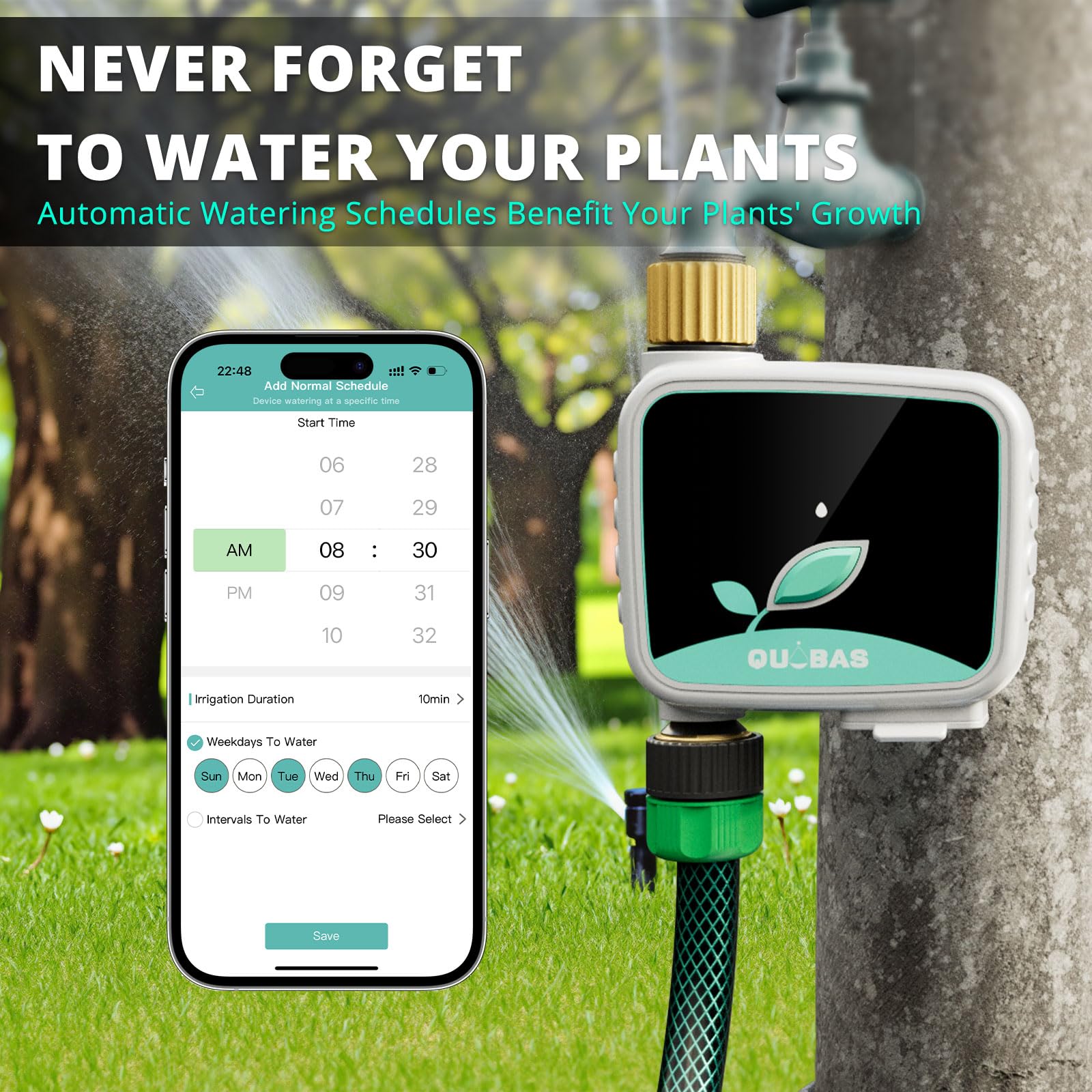QUOBAS Timer irrigatore WiFi con ingresso e uscita in ottone, timer intelligente per tubo da giardino con telecomando APP, irrigazione manuale, irrigazione ritardata della pioggia, per prato, giardino