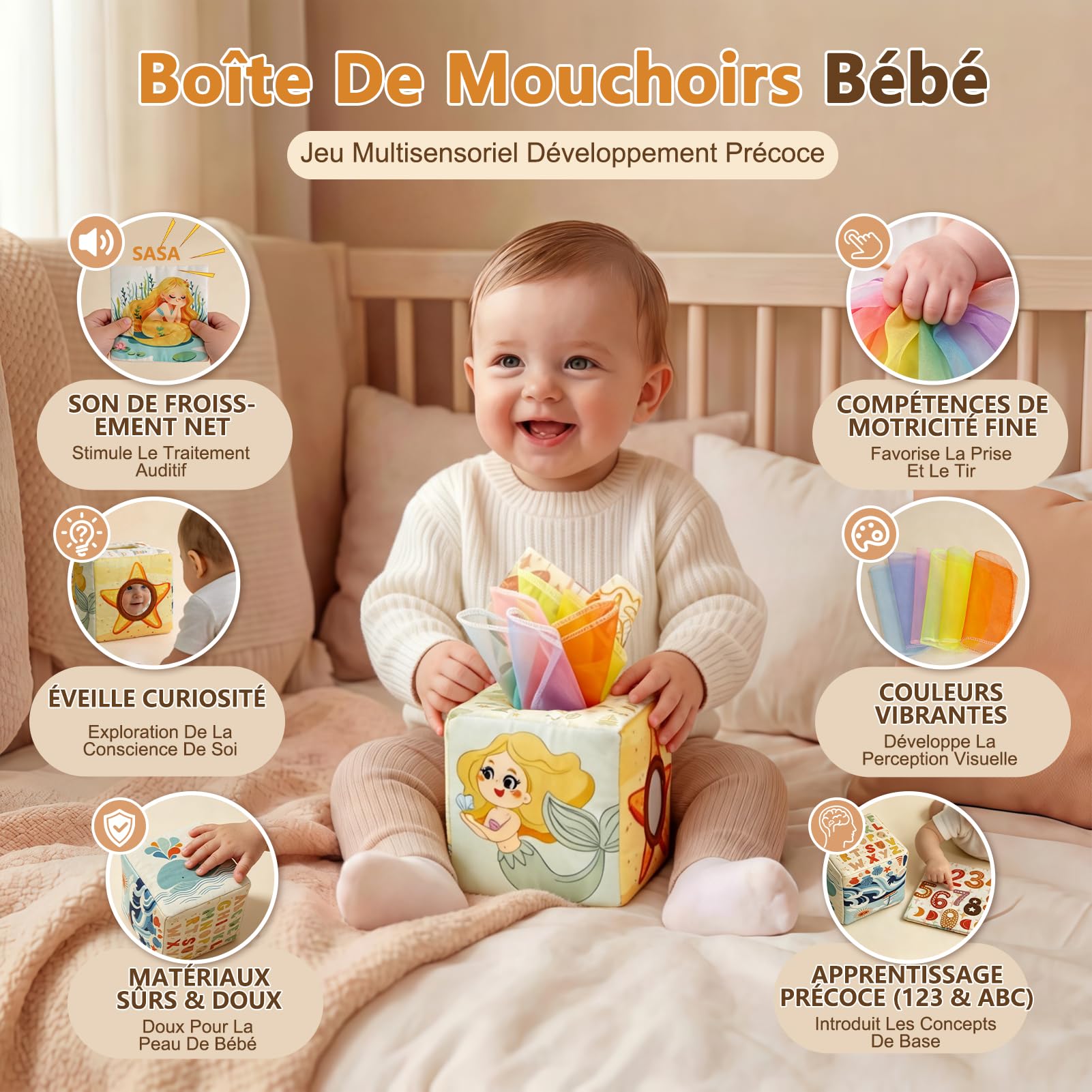 Jouet Bebe 6 Mois, 5 en 1 Jeux Éveil Bébé 6-12 Mois, montessori 6 8 9 mois | Cube Empilables & Tri des Formes, Boîte à Mouchoirs, Jeux Sensoriels 6-24 Mois, Cadeau Anniversaire & Noël Bébé Fille