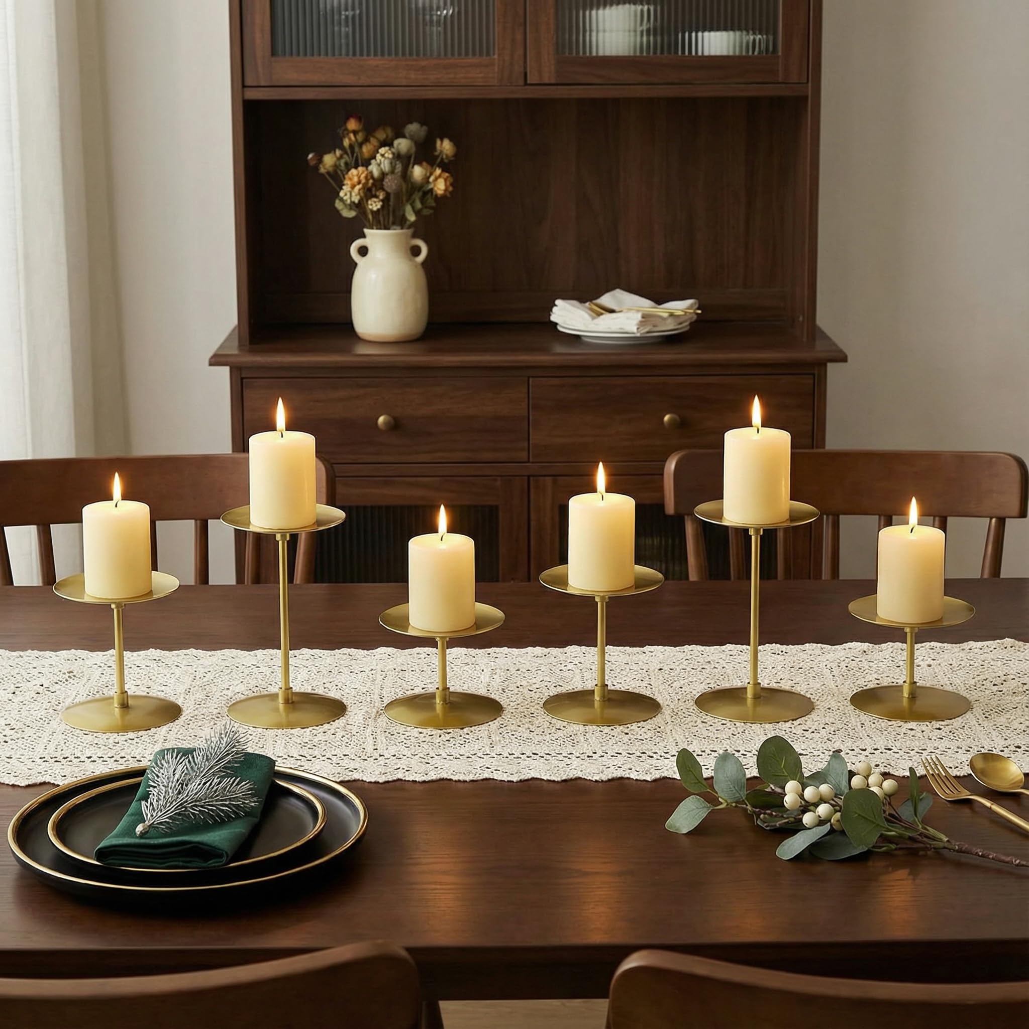 Elsjoy Satz von 6 Stumpenkerzenhalter, Metall Stumpenkerze Stand Modern Candle Holders, Kamin Kandelaber Set für Home Decor, Tisch Centerpiece, Hochzeit, 3 Größen (Gold)