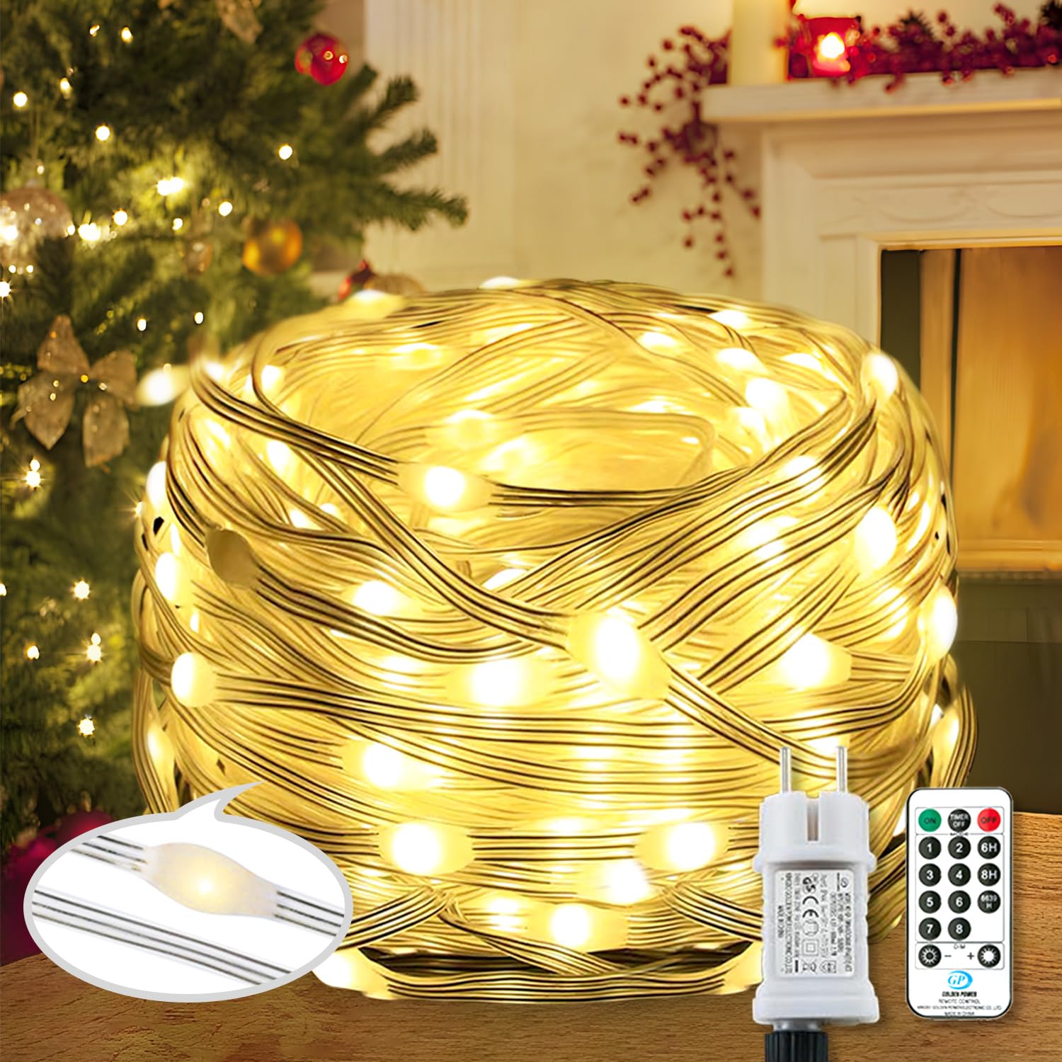 Qillnyy 220 LED catena luminosa con luci per esterni/interni, 25 m, 8 modalità, con telecomando, timer, filo di PVC, decorazione giardino, albero di Natale, matrimonio, Natale (bianco caldo)