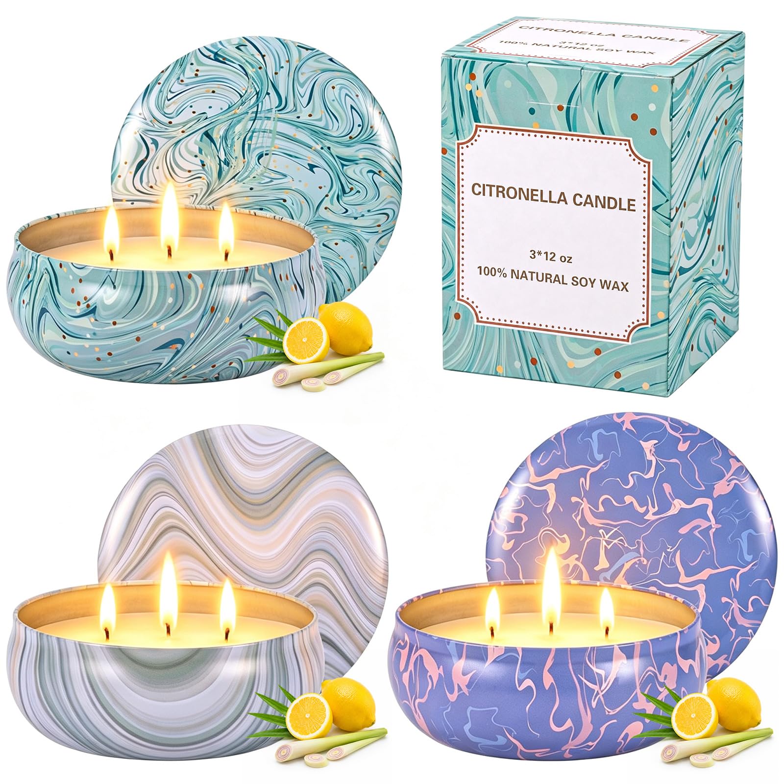 3 Stück 340ml Citronella Kerzen Set Outdoor Zitronella Duftkerzen Citronella Candle Draußen Groß Citronella Kerzen mit 3 Docht aus Sojawachs insgesamt 240h für Garten Terrasse Picknicks Camping Patio
