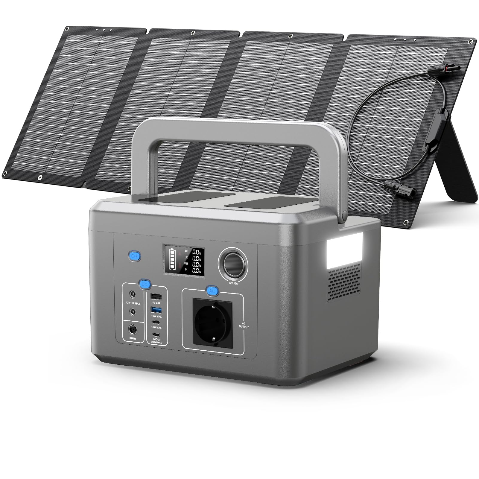 Powkey Powerstation 600W 448Wh LiFePO4 mit 120W Faltbar Solarpanel/Camping | Akku/230V AC Ausgang/100W USB-A + USB-C/120W Faltbares Solarpane/Für Wohnmobil & Camping