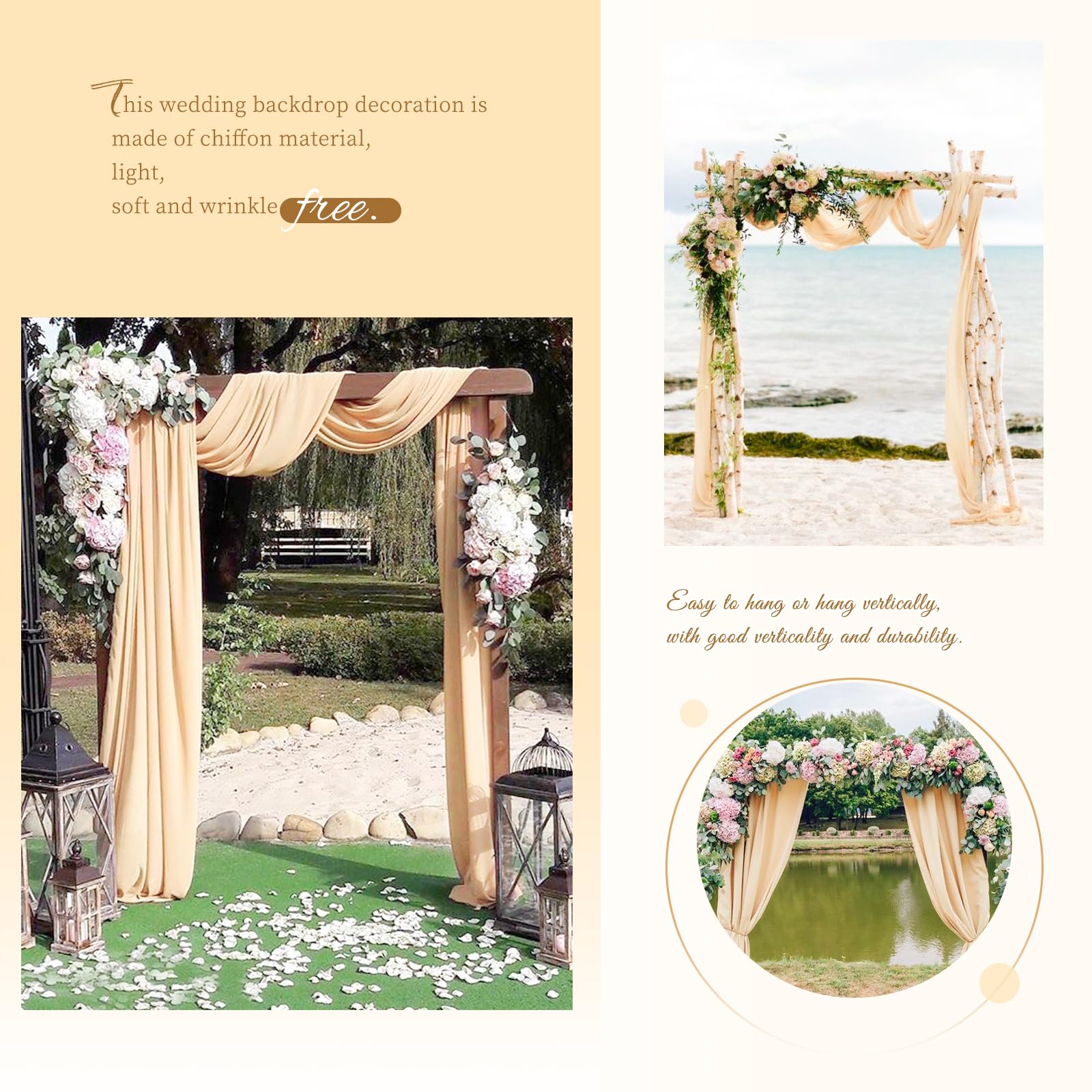 Panneaux de tissu drapé en mousseline de soie pour arche de mariage, 71,1 x 5,8 m, champagne