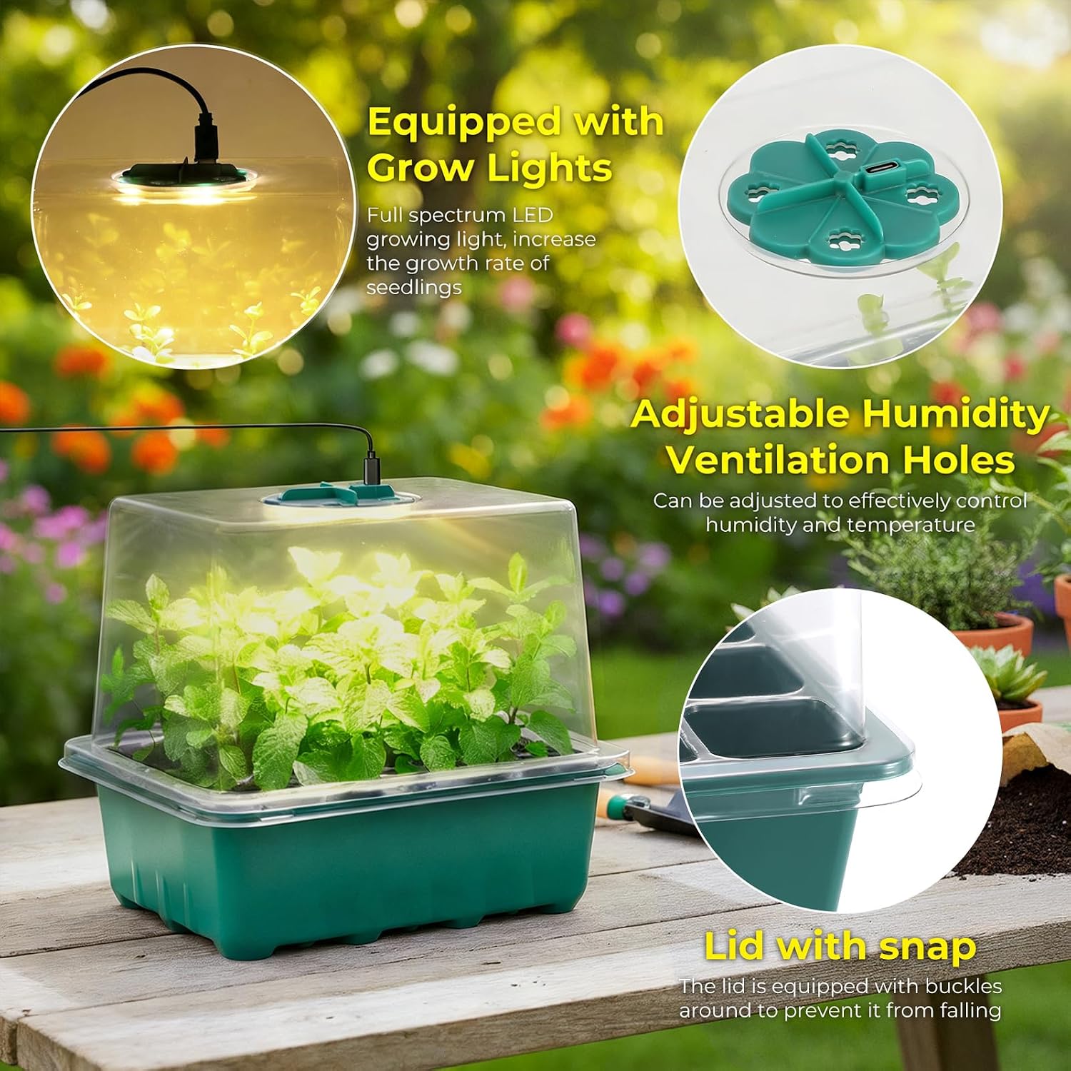 Seed Starter Tray with Grow Light, 6pcs Seed Starter Kits with Light and Adjustable Humidity Domes, Covers Height 3.9", Indoor Seedling Starter Plant Germination Trays (Green-Warm White)