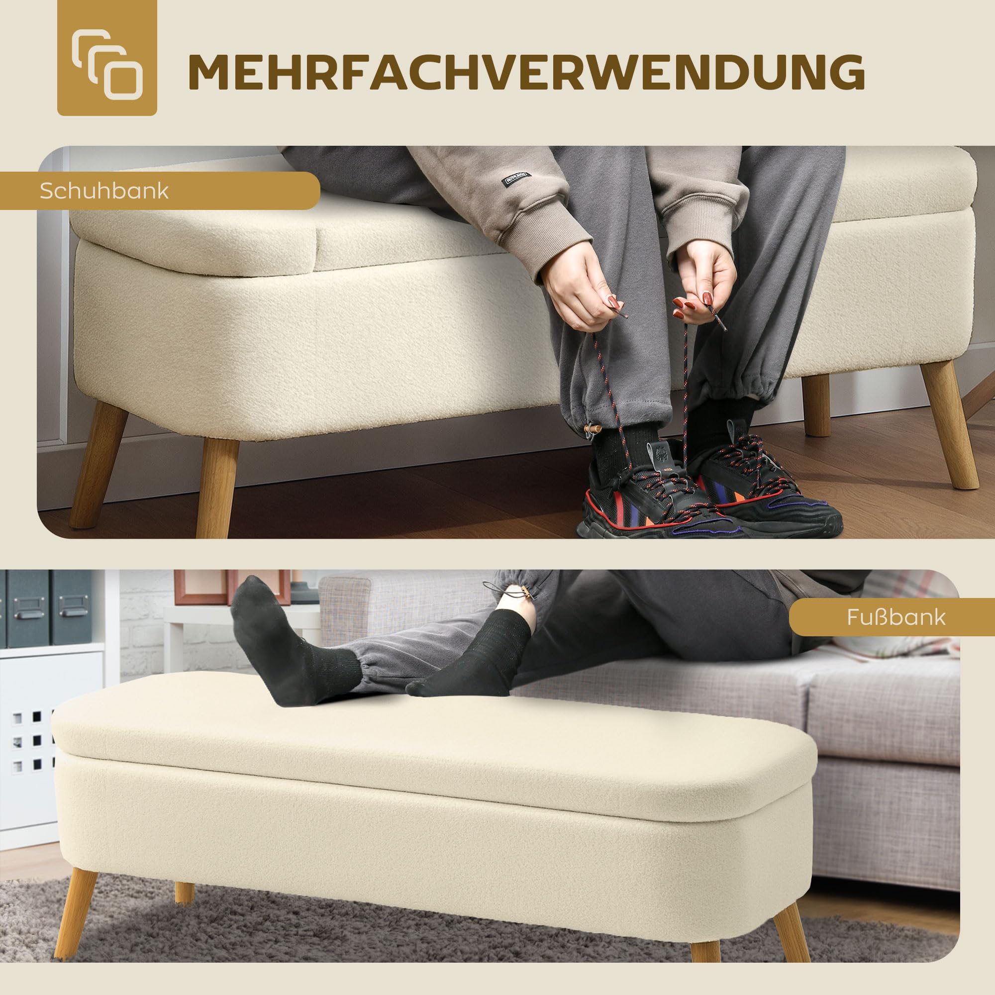 HOMCOM Sitzbank mit Stauraum Polsterbank Holzbeine 120x42x45 cm Beige | Teddy-Fleece-Optik, Truhenbank Sitztruhe, Bettbank, Wohnzimmer, Schlafzimmer, Flur
