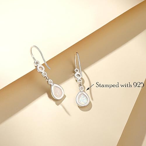 Miniatura 6 de FANCIME Created Opal Earrings Sterling Silver Hook Earrings with 2 White Fire Opal Stones Teardrop October Birthstone Earrings Fine Jewelry for Women
