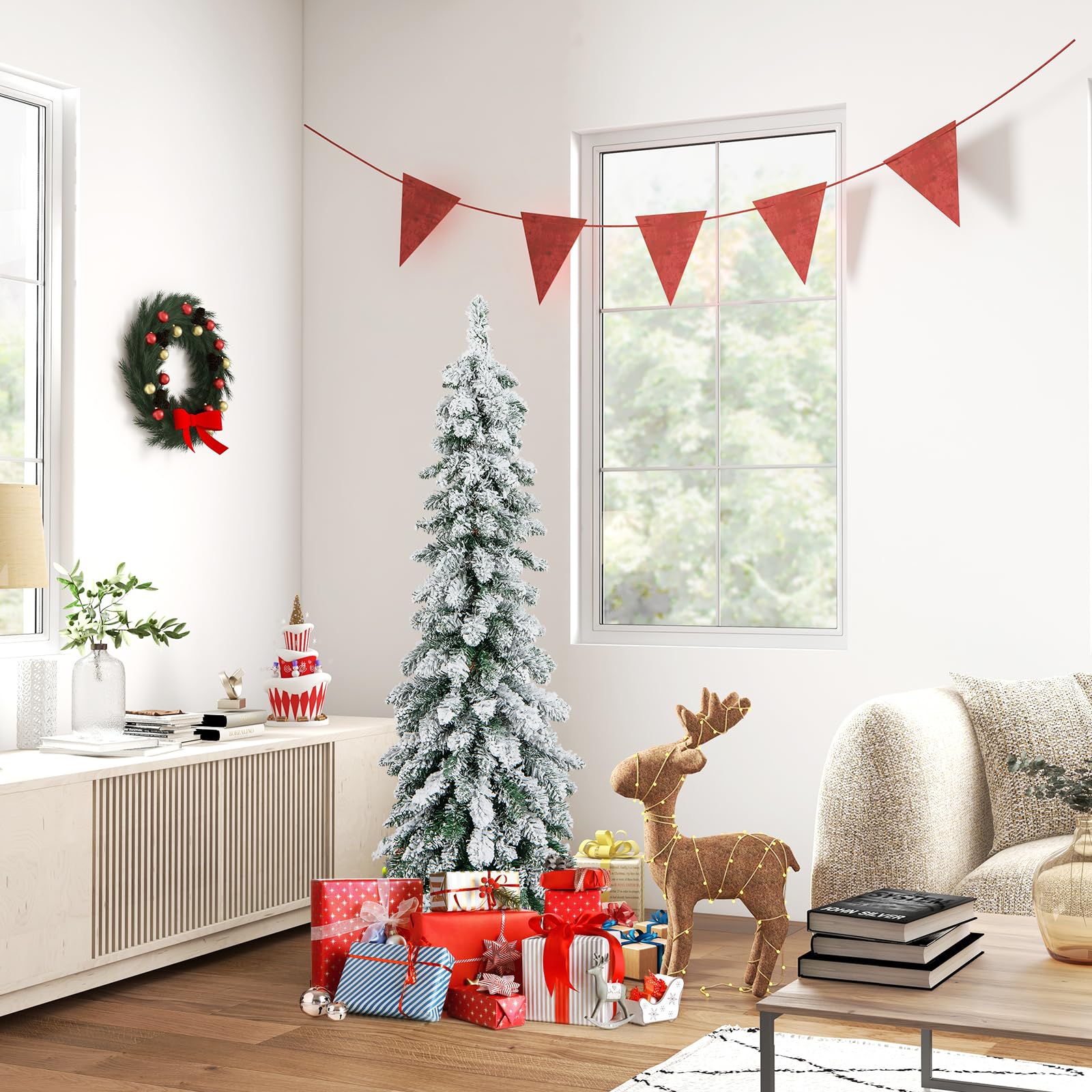 COSTWAY 120cm Bleistift Weihnachtsbaum mit Schnee, LEDs in warmweiß und bunt | 11 Lichtmodi | Timer, künstlicher Tannenbaum mit Beleuchtung & Metallständer, Christbaum Kunstbaum Weihnachten, Weiß