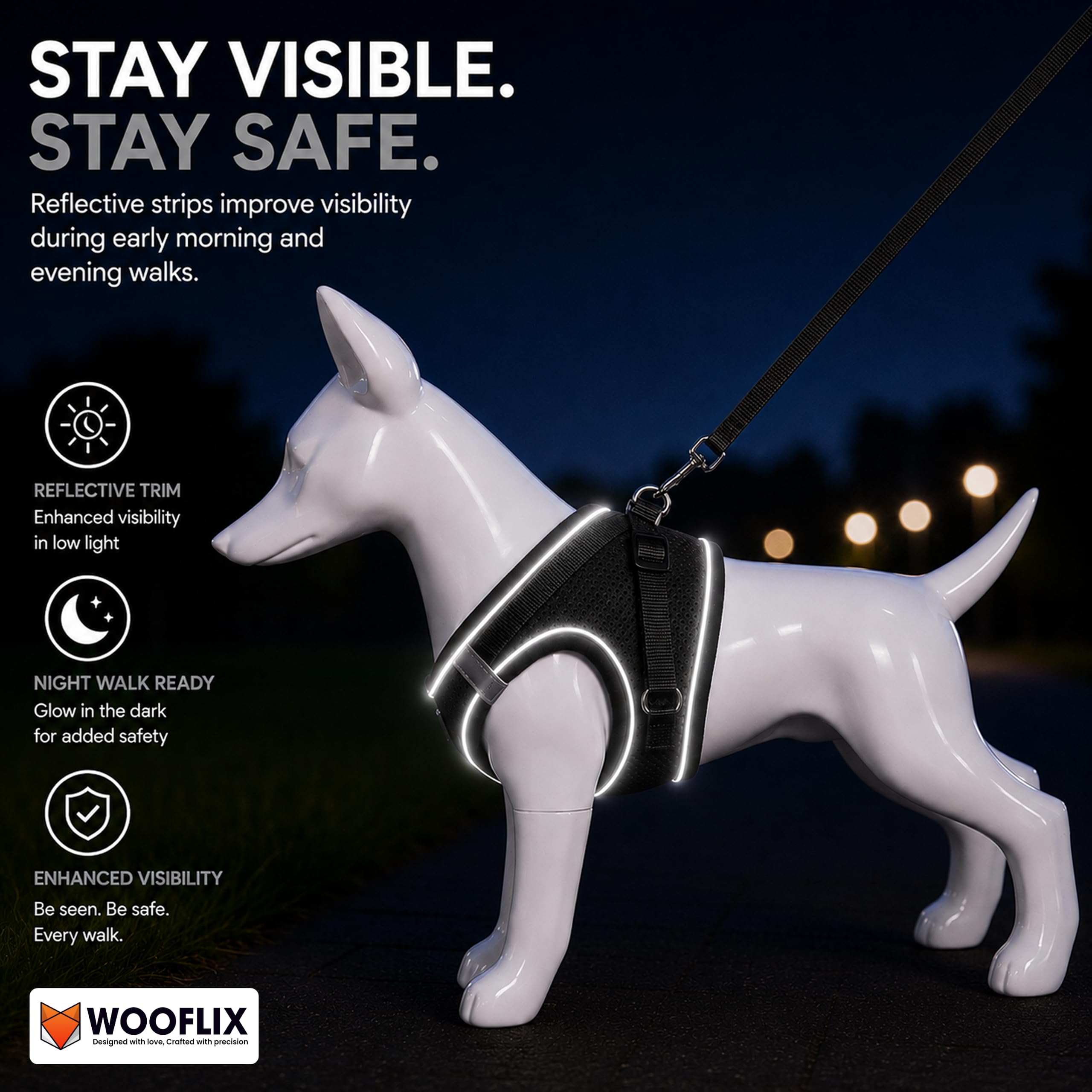 WOOFLIX Dog Harness for Small Dogs, Puppies and Cats | Suitable for Small Size Dogs, Cats & Puppies of 7 kg - 10 kg | Reflective Soft Padded Dog Harness with Secure Fit | Black (7 kg-10 kg Dog & Cat)