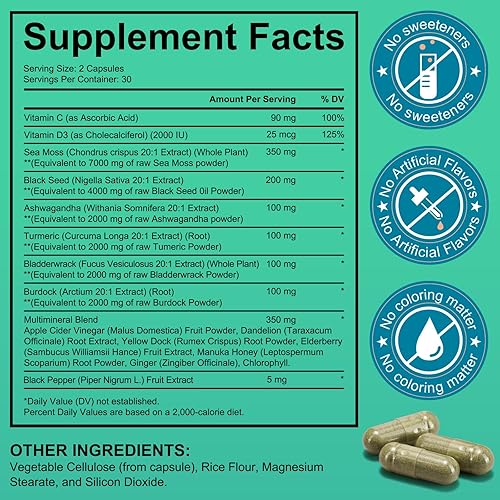 Miniatura 4 de FANSHI Aceite de semilla negra de musgo marino con ashwagandha y jengibre, cápsulas de musgo marino, suplemento completo de 19445 mg para apoyar una