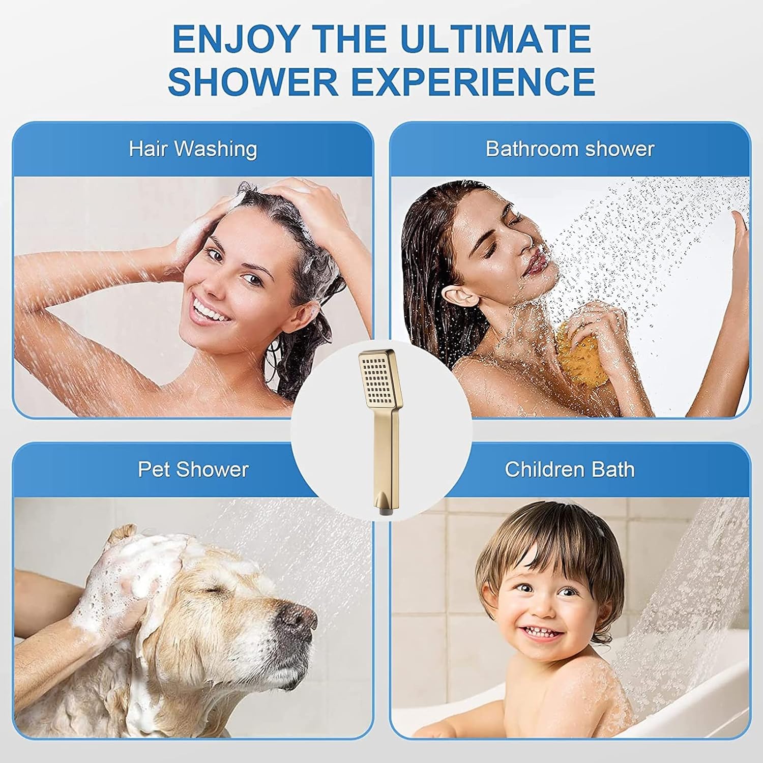 Brass Hand Held Shower Head, Single Function High Pressure Handheld Showerhead Shower Wand with Silicone Nozzles Square Style, Brushed Gold