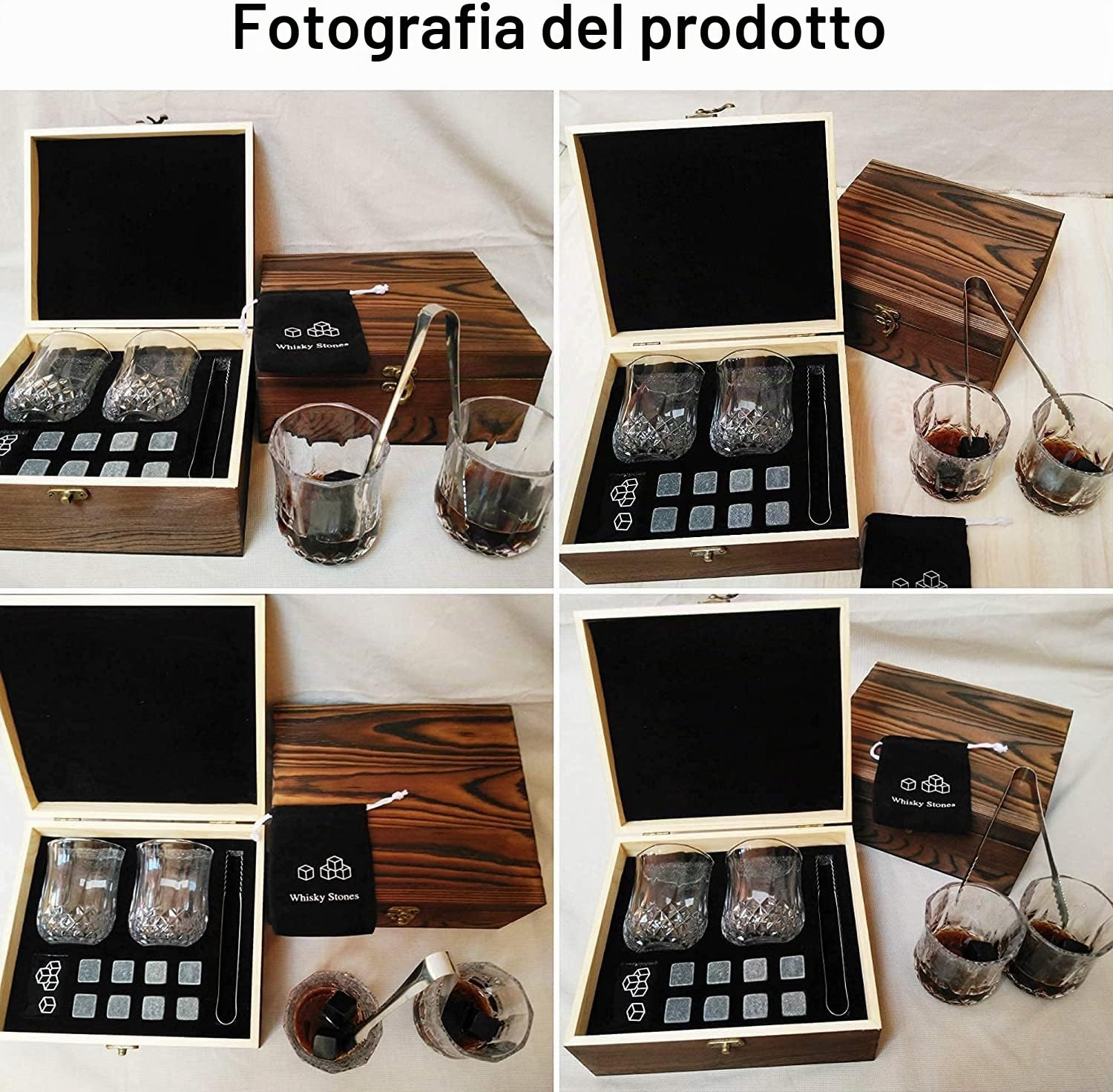 Set da Regalo di Pietre e Bicchieri di Whisky: 8 Pietre Raffreddanti & 2 Bicchieri da Bar, 1 Pinze per Pietre da Scotch, 2 Sottobicchieri, Riutilizzabili per Uomo & Donna